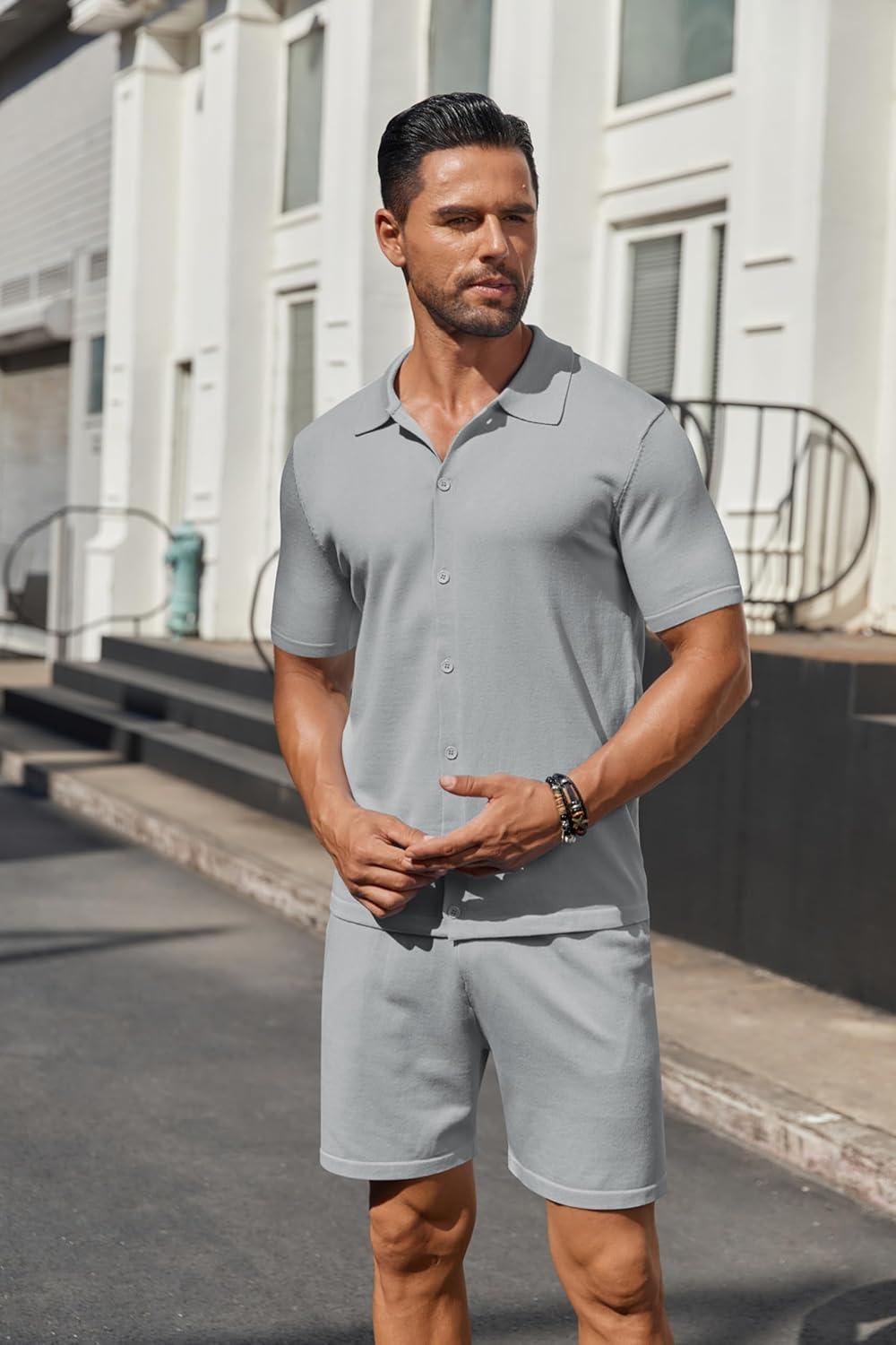 imageCOOFANDY Mens 2 Piece Outfits Sets Casual Short Sleeve Button Down Knit Shirt and Shorts Sets Summer Beach OutfitsLight Grey