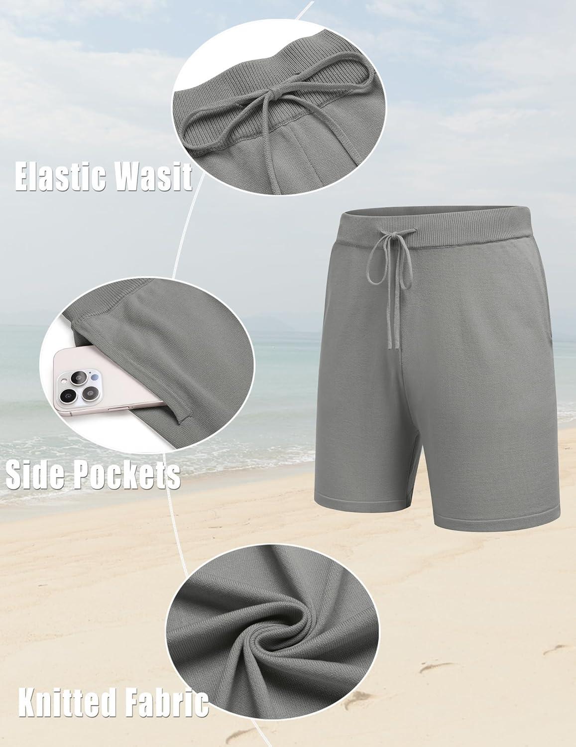 imageCOOFANDY Mens 2 Piece Outfits Summer Short Sets Vintage Knit Button Down Shirt Short Sleeve Polo Casual Beach SuitsGrey