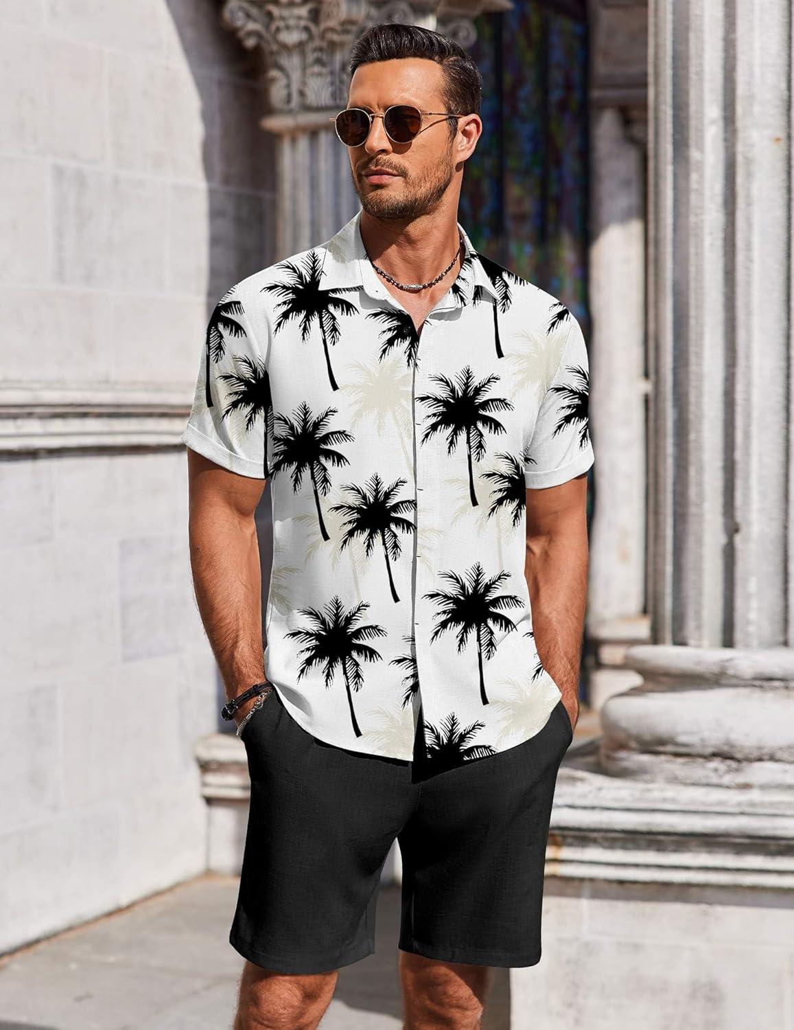 imageCOOFANDY Mens 2 Piece Summer Beach Outfits Tropical Short Sleeve Button Down Shirts and Shorts Hawaiian Vacation SetsCoconut Tree White