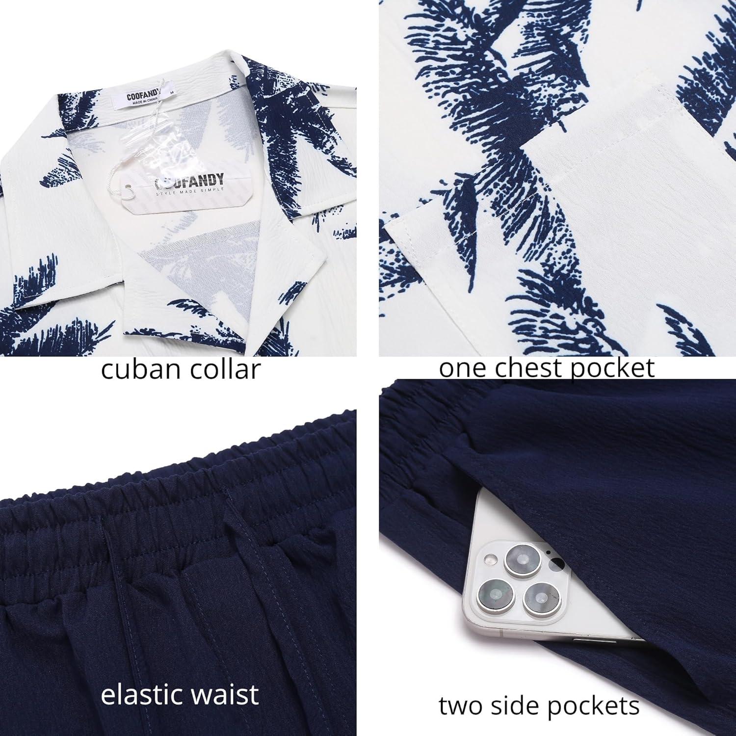 imageCOOFANDY Mens 2 Piece Summer Beach Outfits Tropical Short Sleeve Button Down Shirts and Shorts Hawaiian Vacation SetsCoconut Treewhite