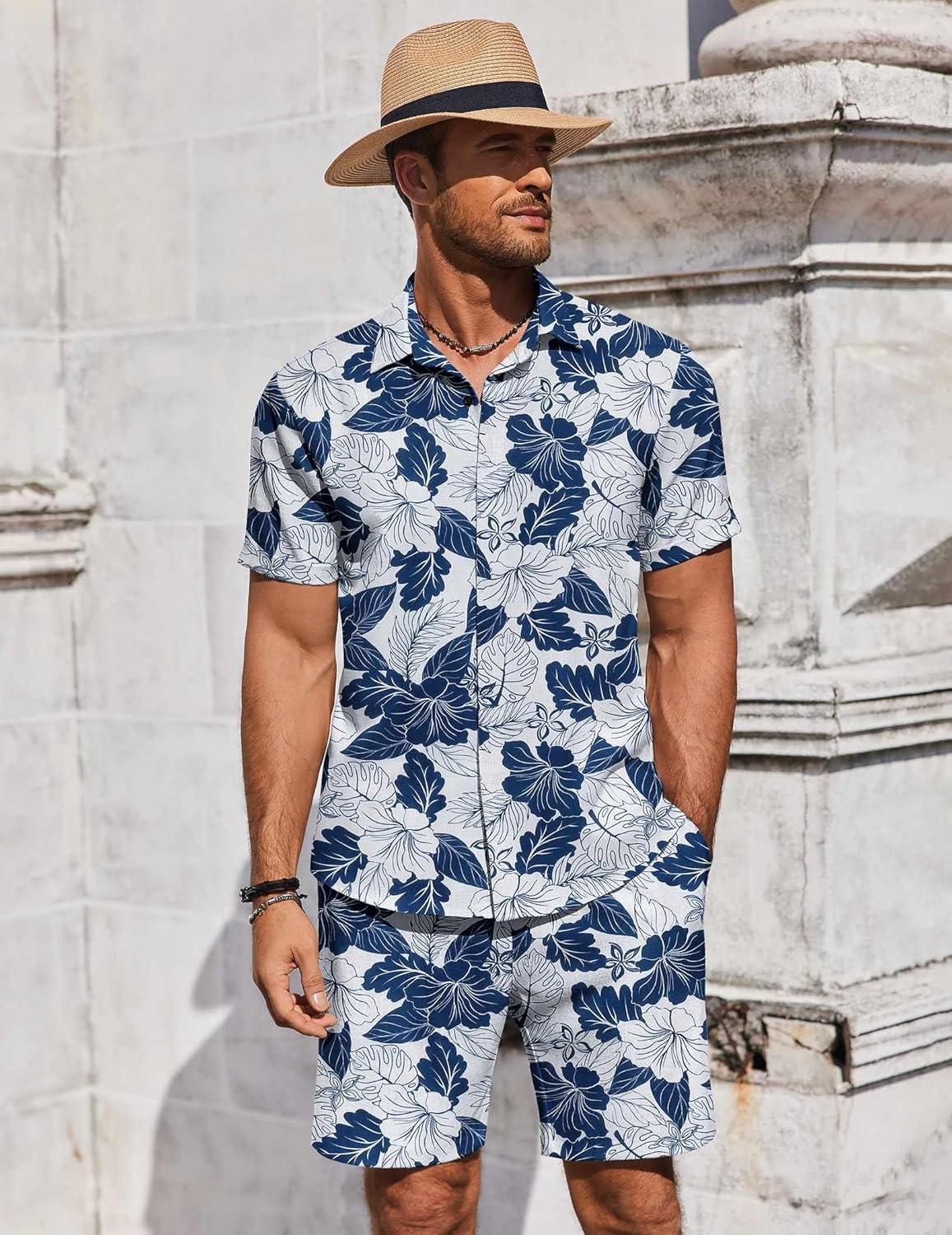 imageCOOFANDY Mens 2 Piece Summer Beach Outfits Tropical Short Sleeve Button Down Shirts and Shorts Hawaiian Vacation SetsLeaf Blue White