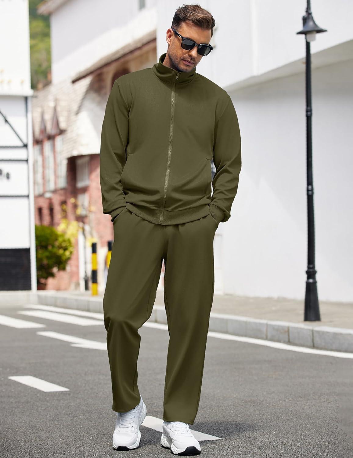 imageCOOFANDY Mens 2 Piece Tracksuit Casual Sweatsuits Full Zip Track Suits Jogging Athletic Suit SetsArmy Green