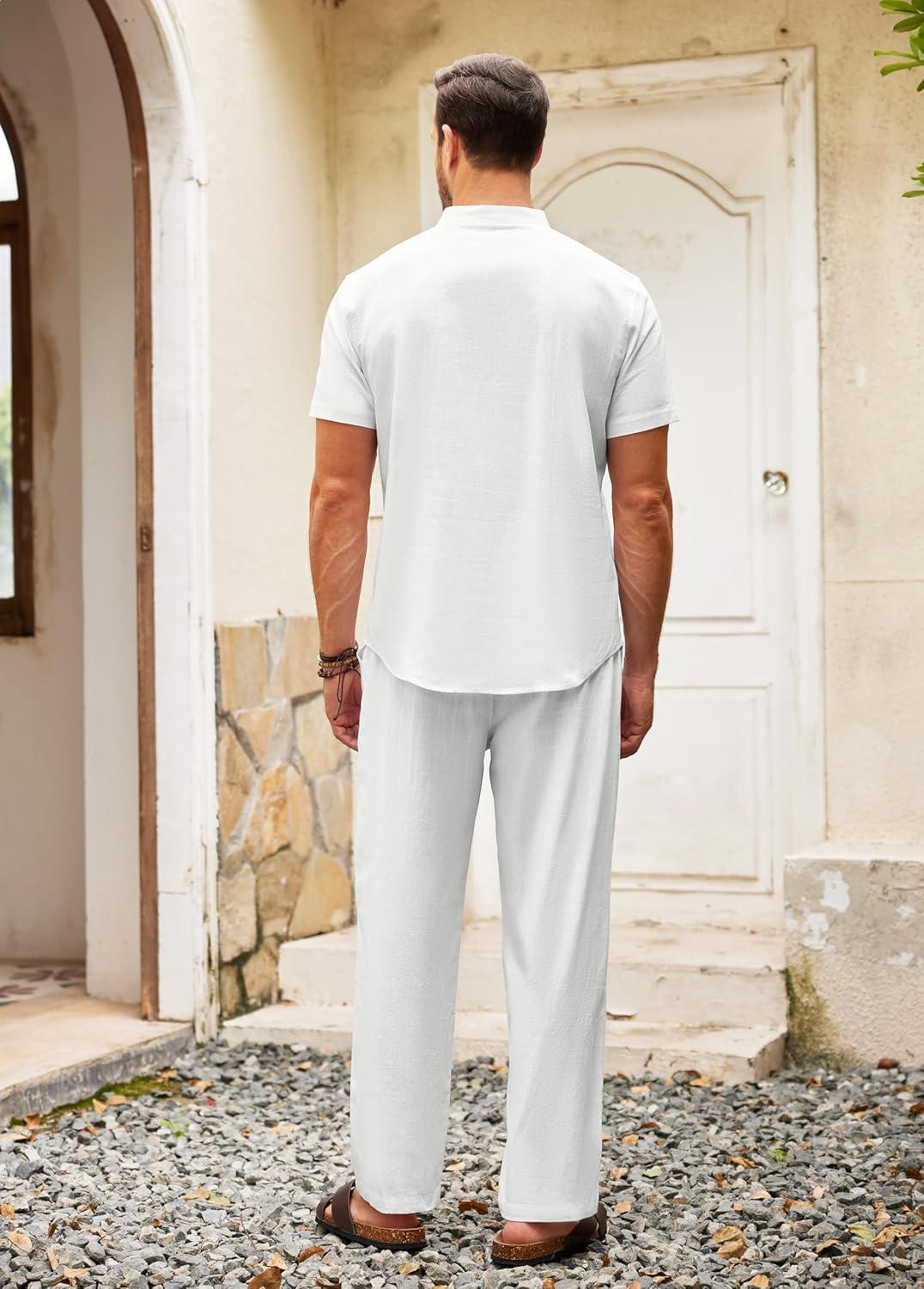 imageCOOFANDY Mens 2 Pieces Cotton Linen Set Casual Short Sleeve Henley Shirts Beach Yoga Pants Summer OutfitsAll White