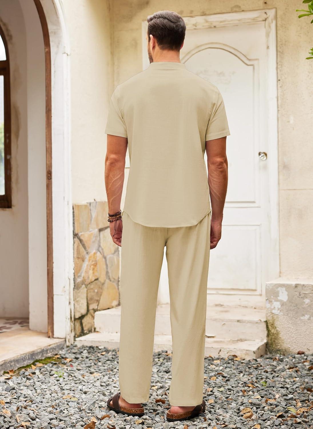imageCOOFANDY Mens 2 Pieces Cotton Linen Set Casual Short Sleeve Henley Shirts Beach Yoga Pants Summer OutfitsLight Khaki