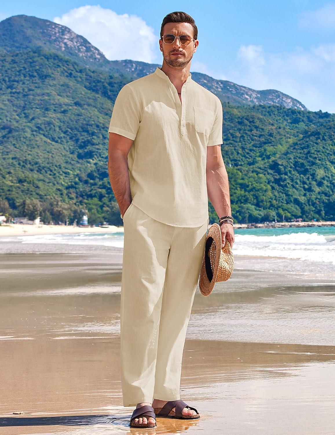 imageCOOFANDY Mens 2 Pieces Cotton Linen Set Casual Short Sleeve Henley Shirts Beach Yoga Pants Summer OutfitsLight Khaki