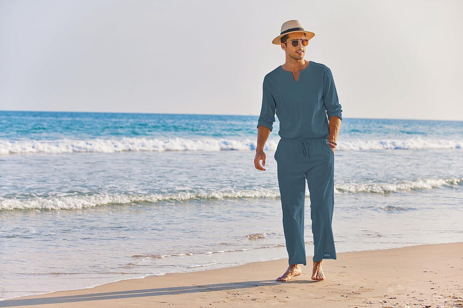 imageCOOFANDY Mens 2 Pieces Cotton Linen Set Henley Shirt Long Sleeve and Casual Beach Pants Summer Yoga OutfitsDeep Blue