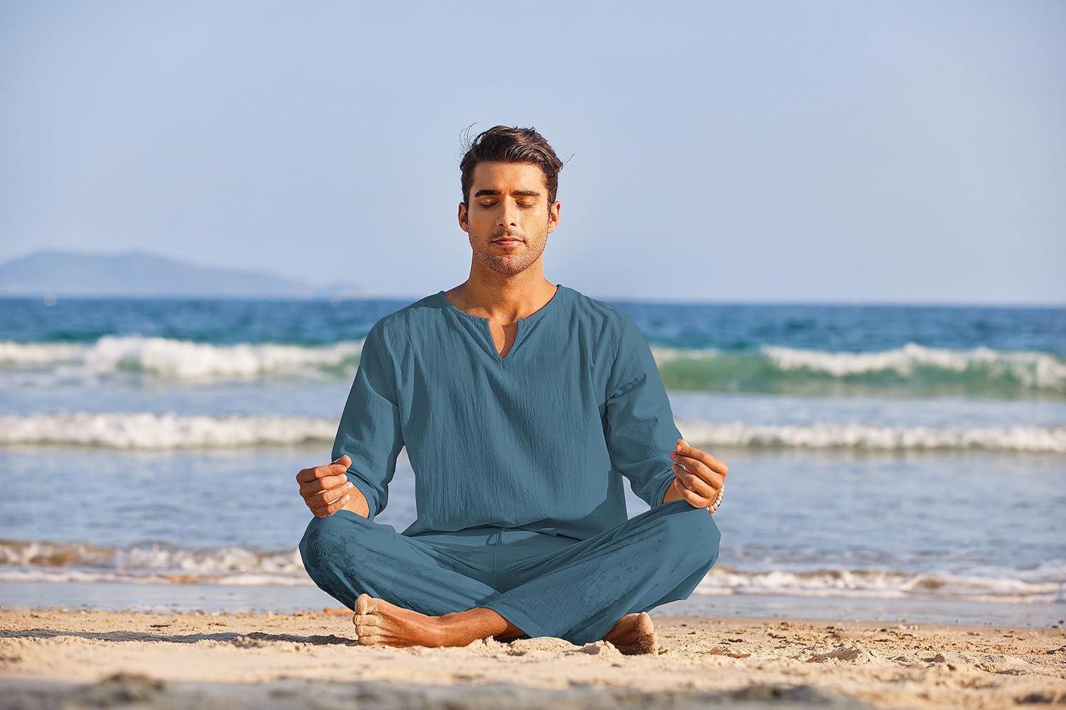 imageCOOFANDY Mens 2 Pieces Cotton Linen Set Henley Shirt Long Sleeve and Casual Beach Pants Summer Yoga OutfitsDeep Blue