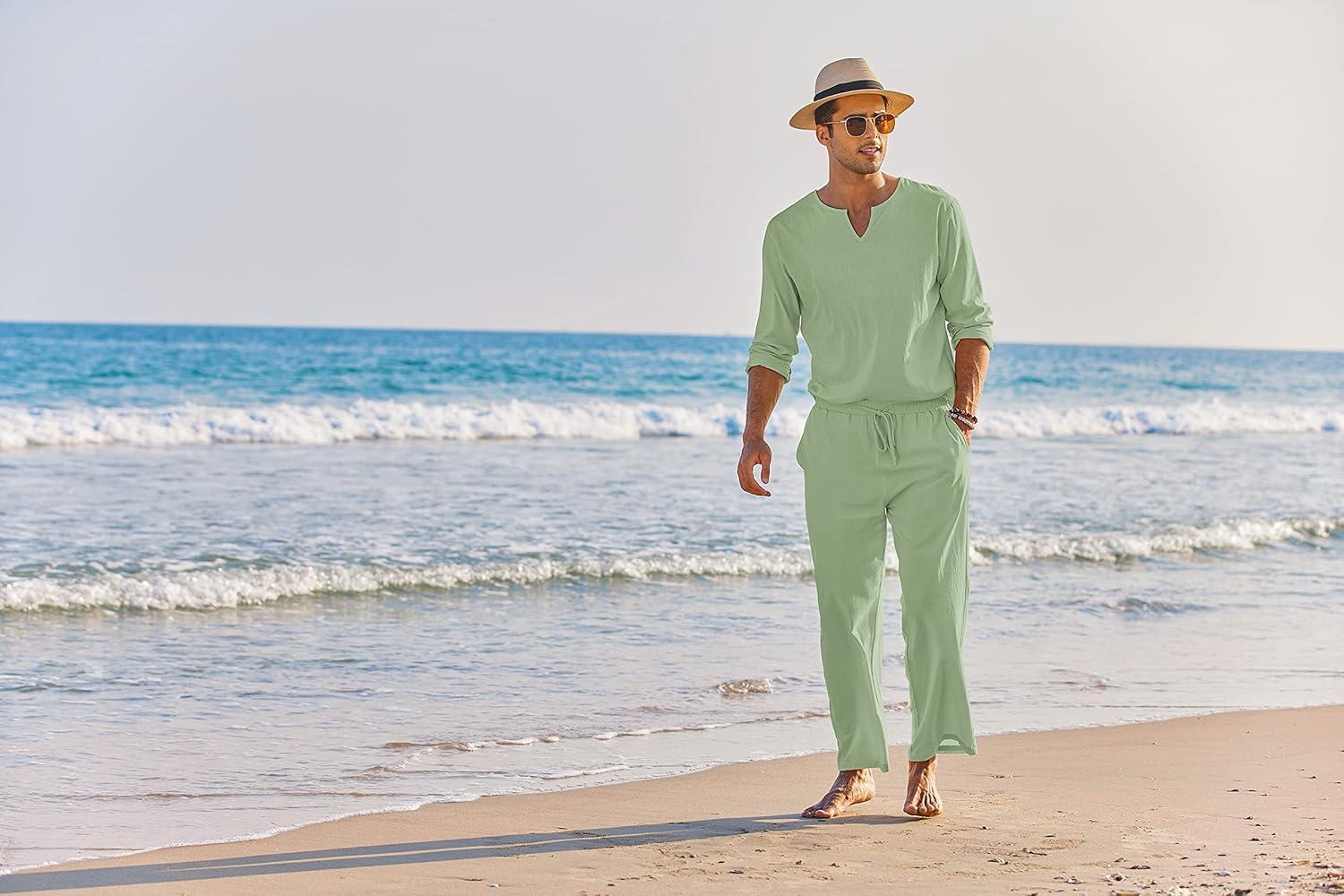 imageCOOFANDY Mens 2 Pieces Cotton Linen Set Henley Shirt Long Sleeve and Casual Beach Pants Summer Yoga OutfitsLight Green