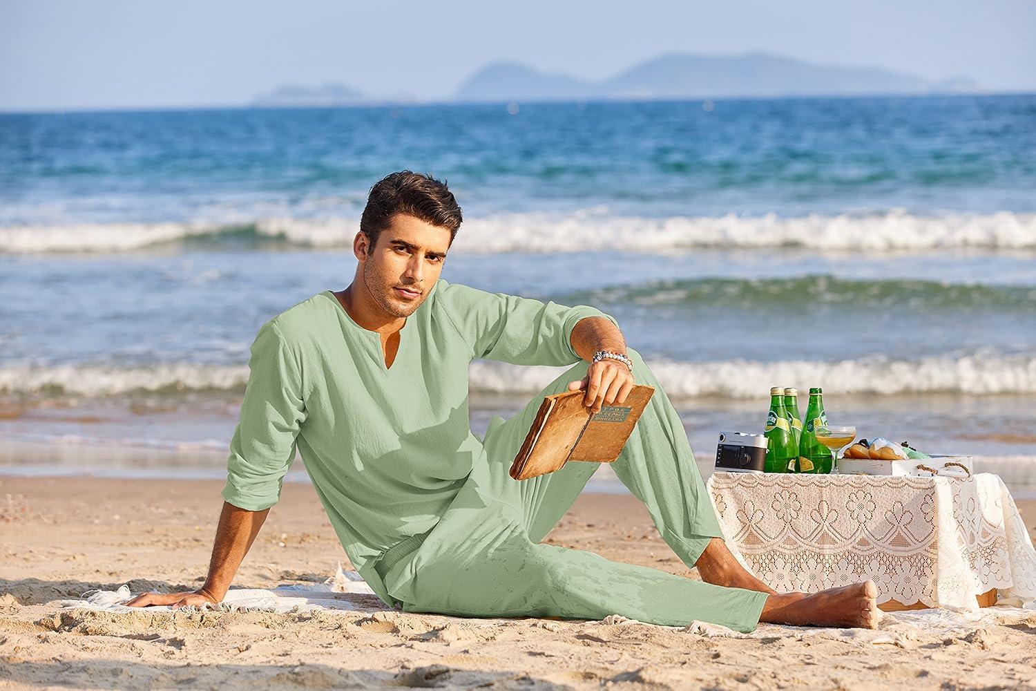 imageCOOFANDY Mens 2 Pieces Cotton Linen Set Henley Shirt Long Sleeve and Casual Beach Pants Summer Yoga OutfitsLight Green