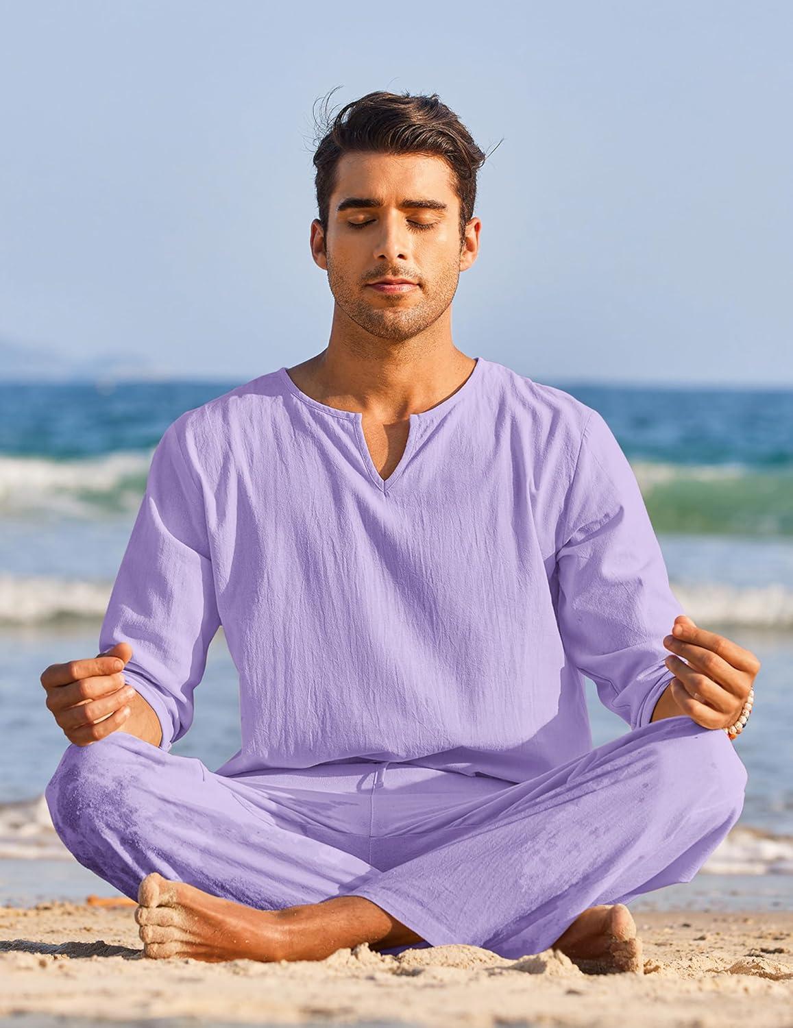 imageCOOFANDY Mens 2 Pieces Cotton Linen Set Henley Shirt Long Sleeve and Casual Beach Pants Summer Yoga OutfitsLilac