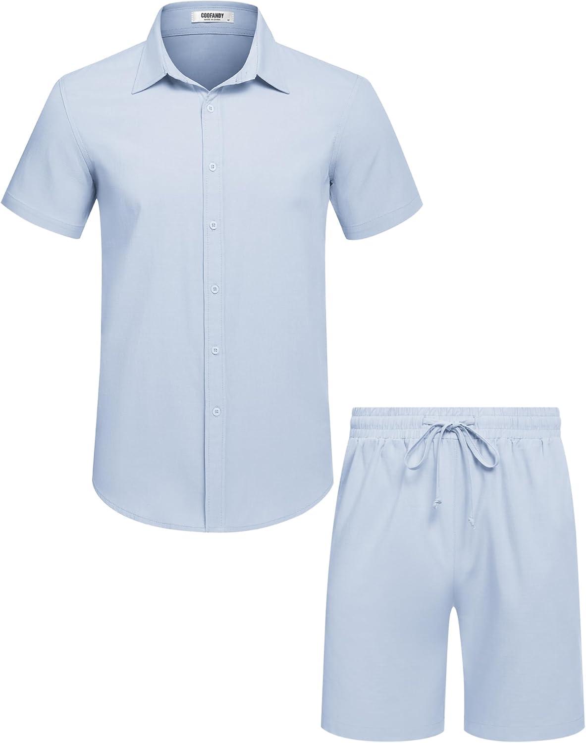 imageCOOFANDY Mens 2 Pieces Cotton Linen Set Short Sleeve Button Down Shirts Summer Beach Shorts Casual OutfitsLight Blue