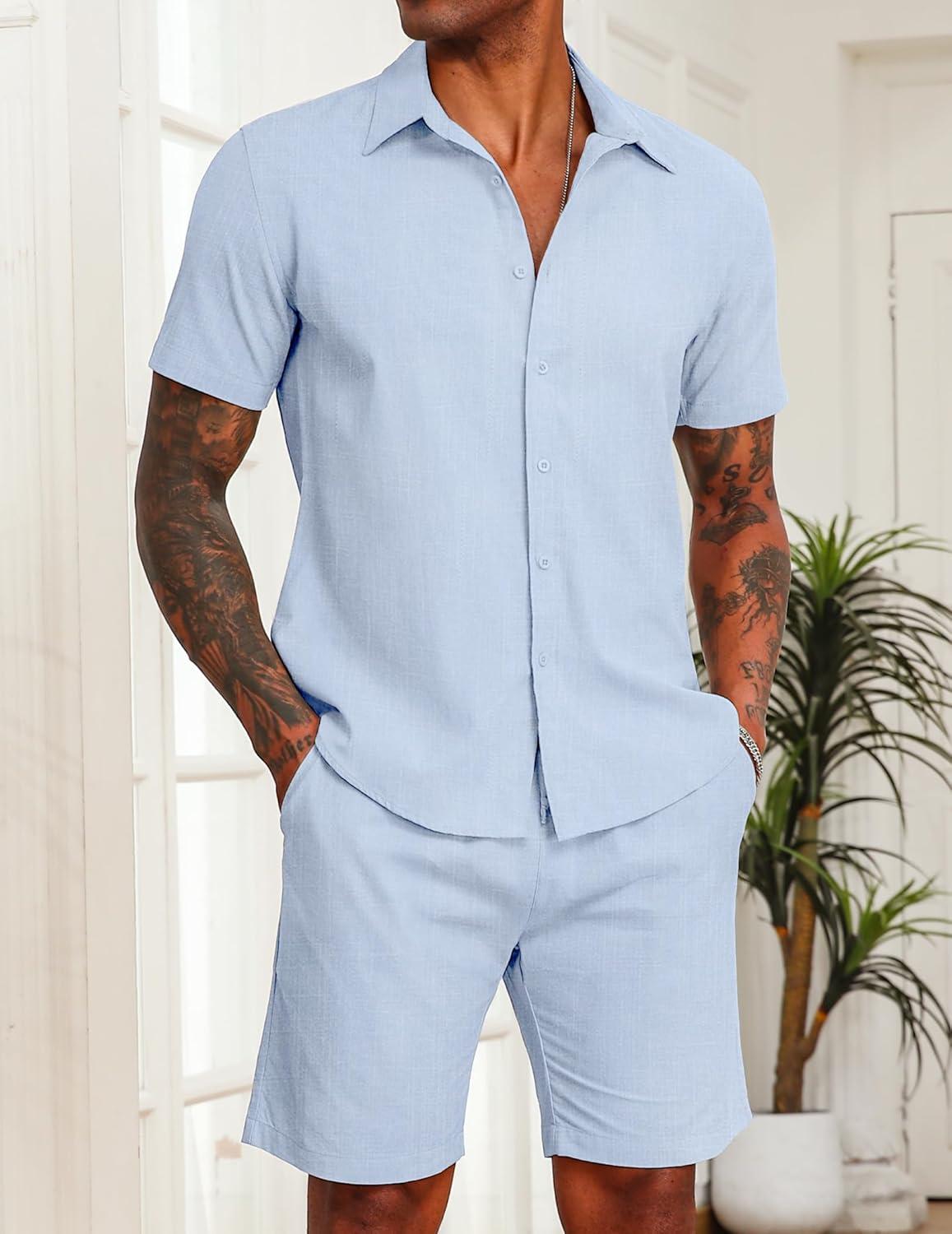 imageCOOFANDY Mens 2 Pieces Cotton Linen Set Short Sleeve Button Down Shirts Summer Beach Shorts Casual OutfitsLight Blue