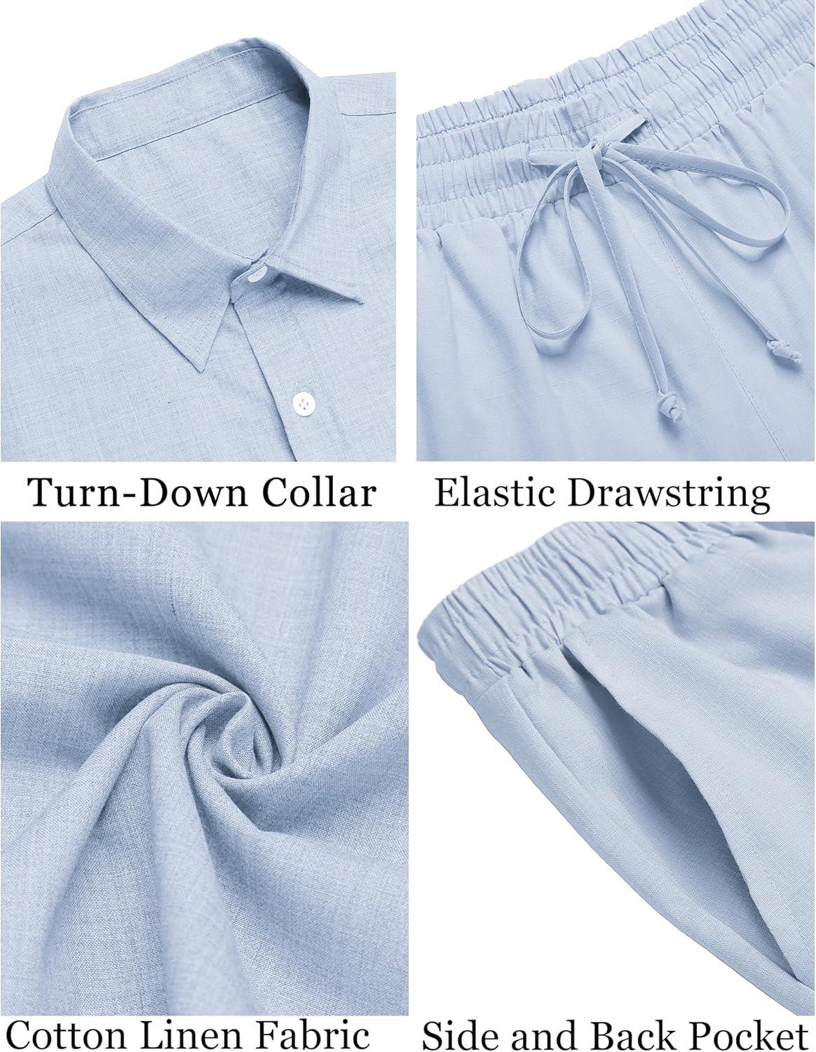 imageCOOFANDY Mens 2 Pieces Cotton Linen Set Short Sleeve Button Down Shirts Summer Beach Shorts Casual OutfitsLight Blue