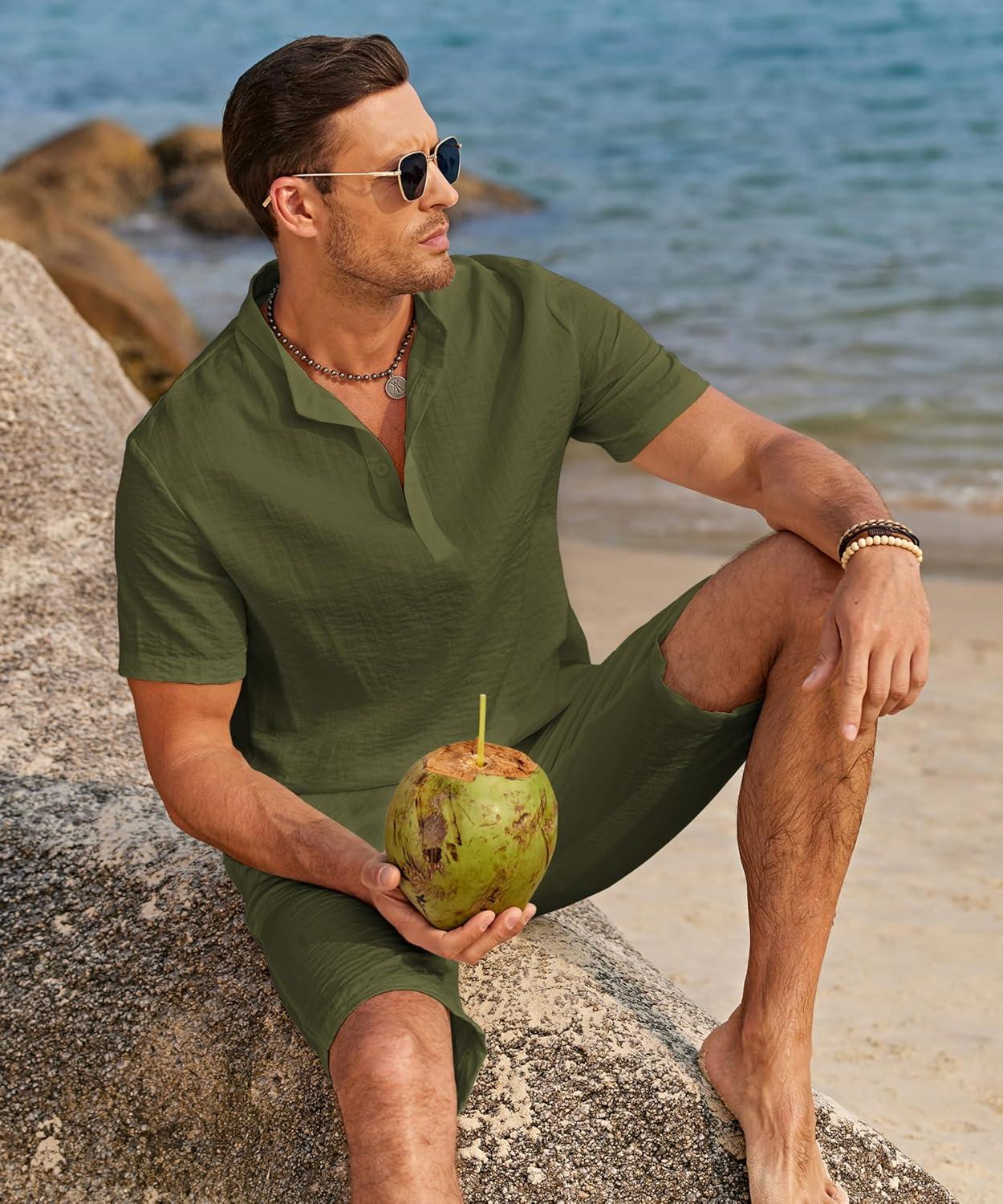 imageCOOFANDY Mens 2 Pieces Linen Set Casual Henley Shirts Short Sleeve Beach Yoga Shorts Summer Pants OutfitsArmy Green