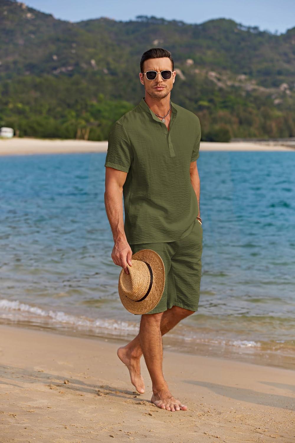 imageCOOFANDY Mens 2 Pieces Linen Set Casual Henley Shirts Short Sleeve Beach Yoga Shorts Summer Pants OutfitsArmy Green