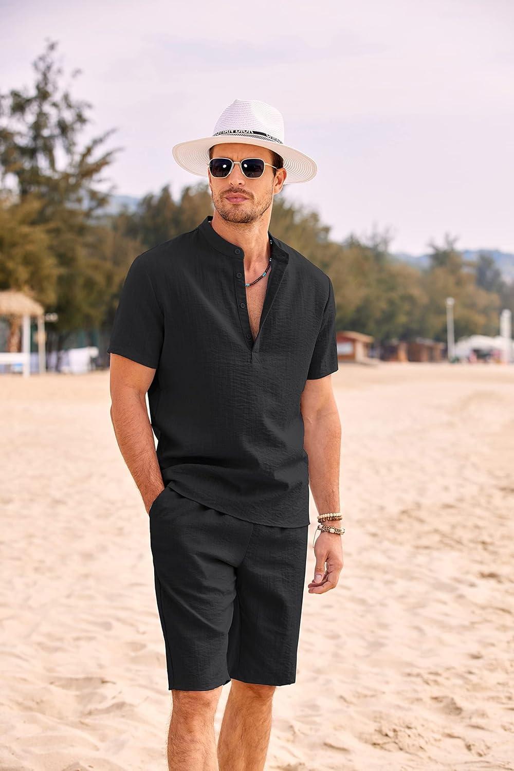 imageCOOFANDY Mens 2 Pieces Linen Set Casual Henley Shirts Short Sleeve Beach Yoga Shorts Summer Pants OutfitsBlack