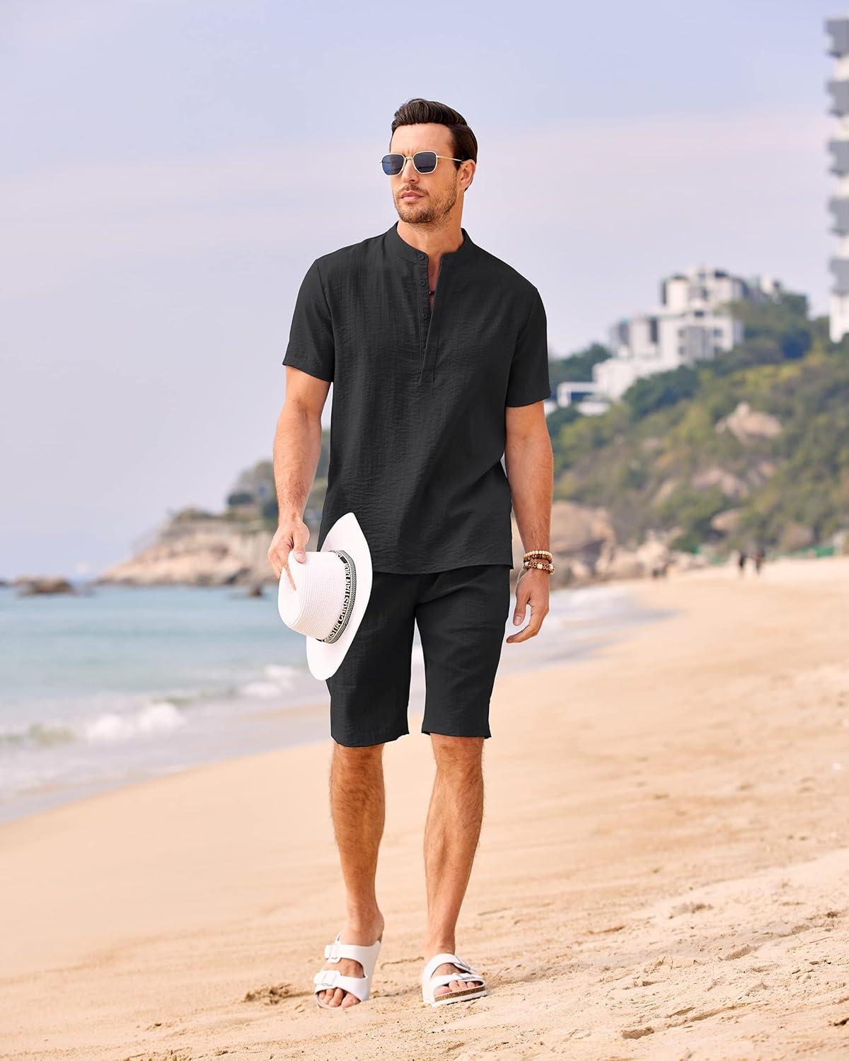 imageCOOFANDY Mens 2 Pieces Linen Set Casual Henley Shirts Short Sleeve Beach Yoga Shorts Summer Pants OutfitsBlack