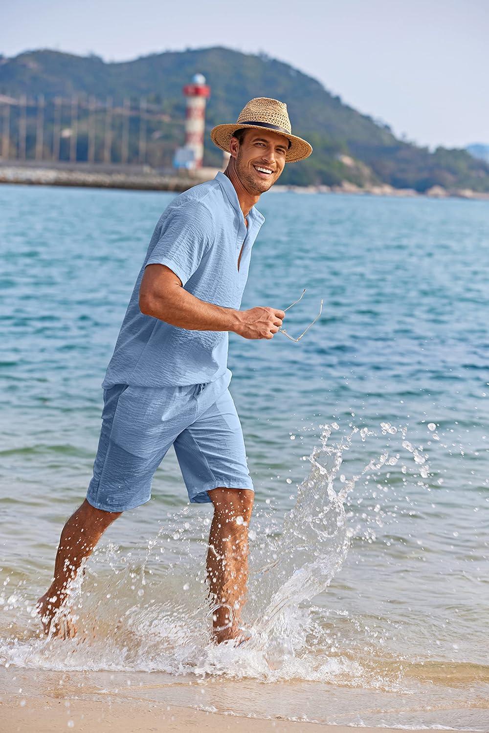 imageCOOFANDY Mens 2 Pieces Linen Set Casual Henley Shirts Short Sleeve Beach Yoga Shorts Summer Pants OutfitsBlue