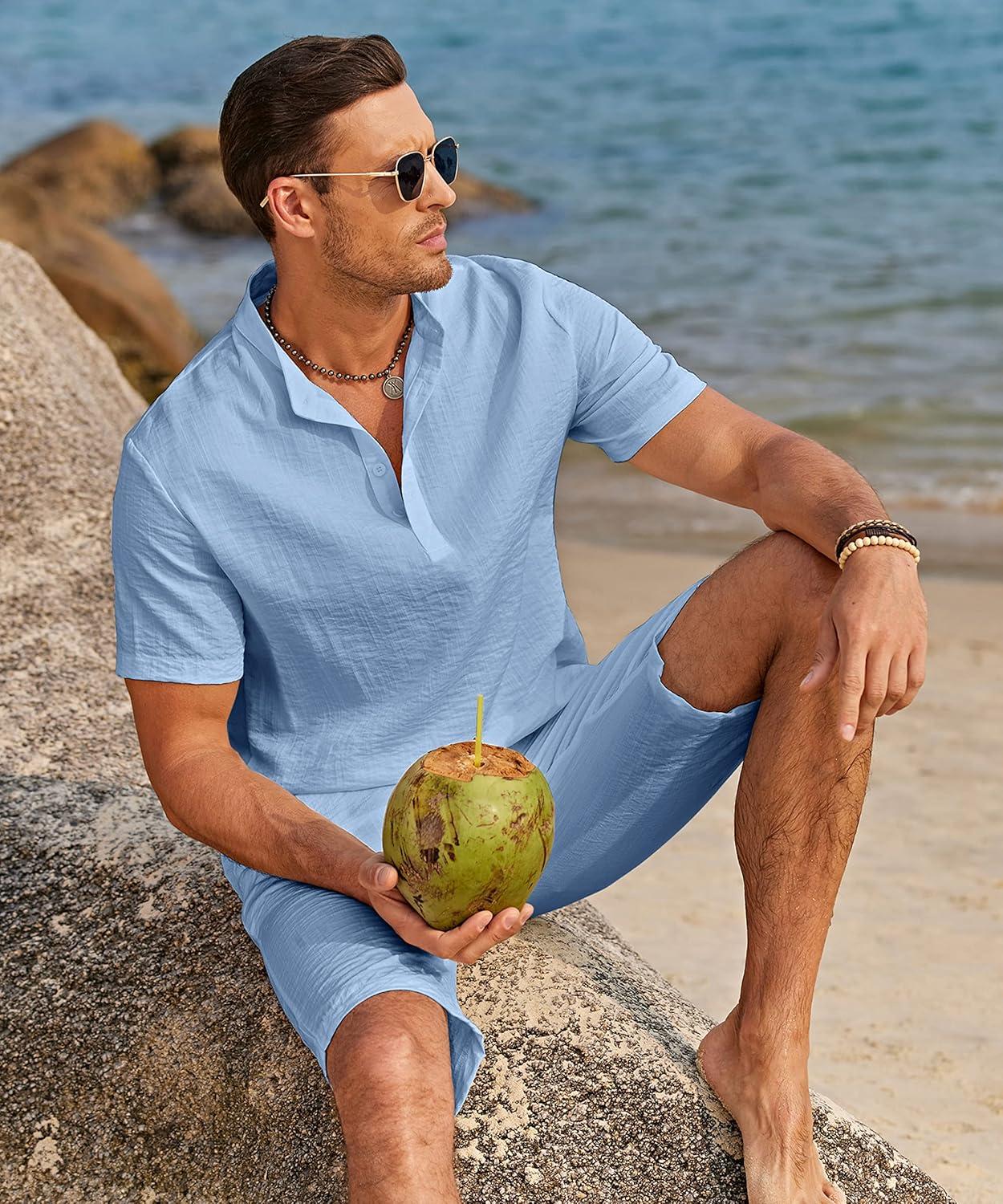 imageCOOFANDY Mens 2 Pieces Linen Set Casual Henley Shirts Short Sleeve Beach Yoga Shorts Summer Pants OutfitsBlue