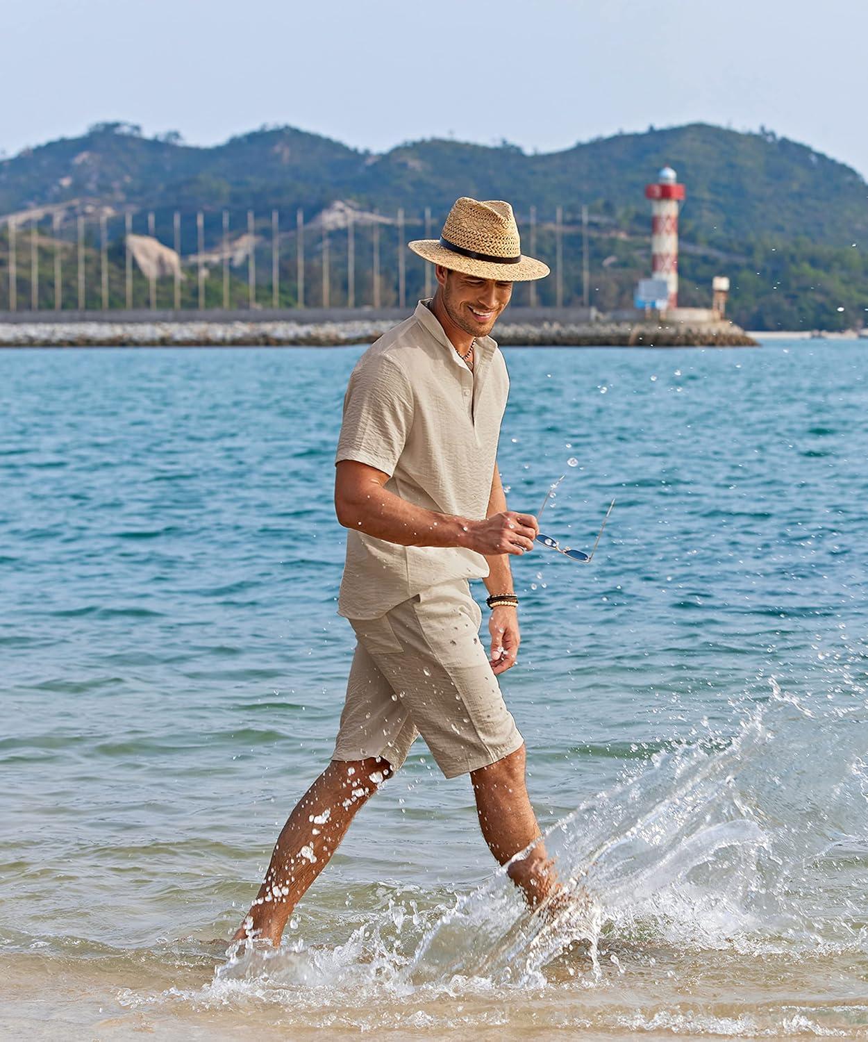 imageCOOFANDY Mens 2 Pieces Linen Set Casual Henley Shirts Short Sleeve Beach Yoga Shorts Summer Pants OutfitsKhaki