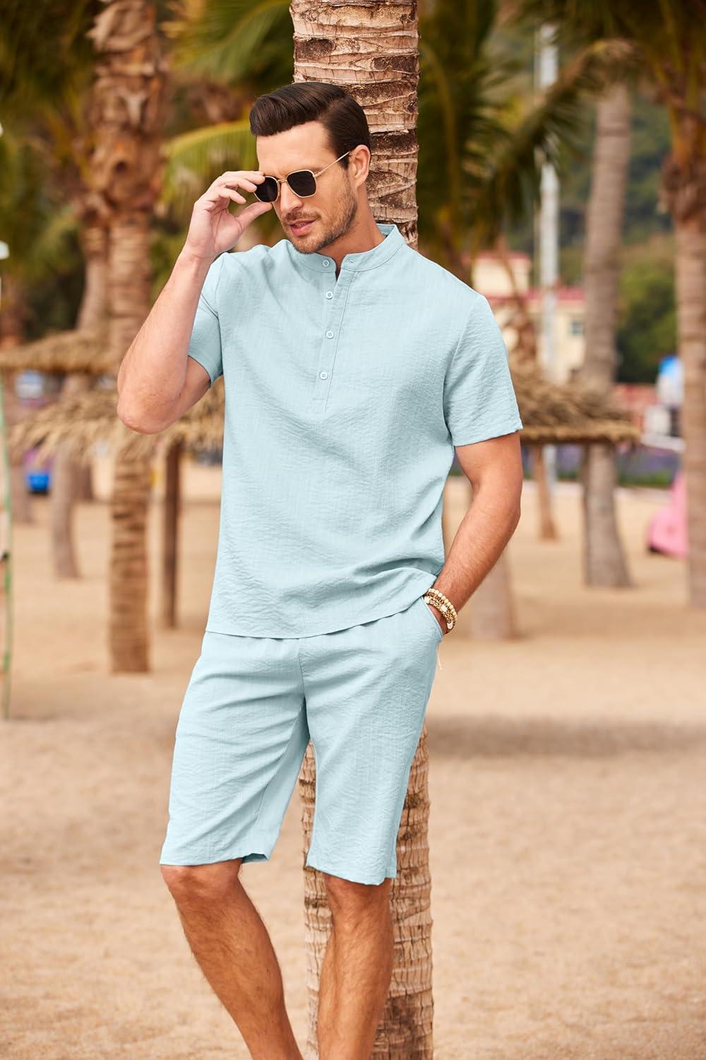 imageCOOFANDY Mens 2 Pieces Linen Set Casual Henley Shirts Short Sleeve Beach Yoga Shorts Summer Pants OutfitsLight Blue