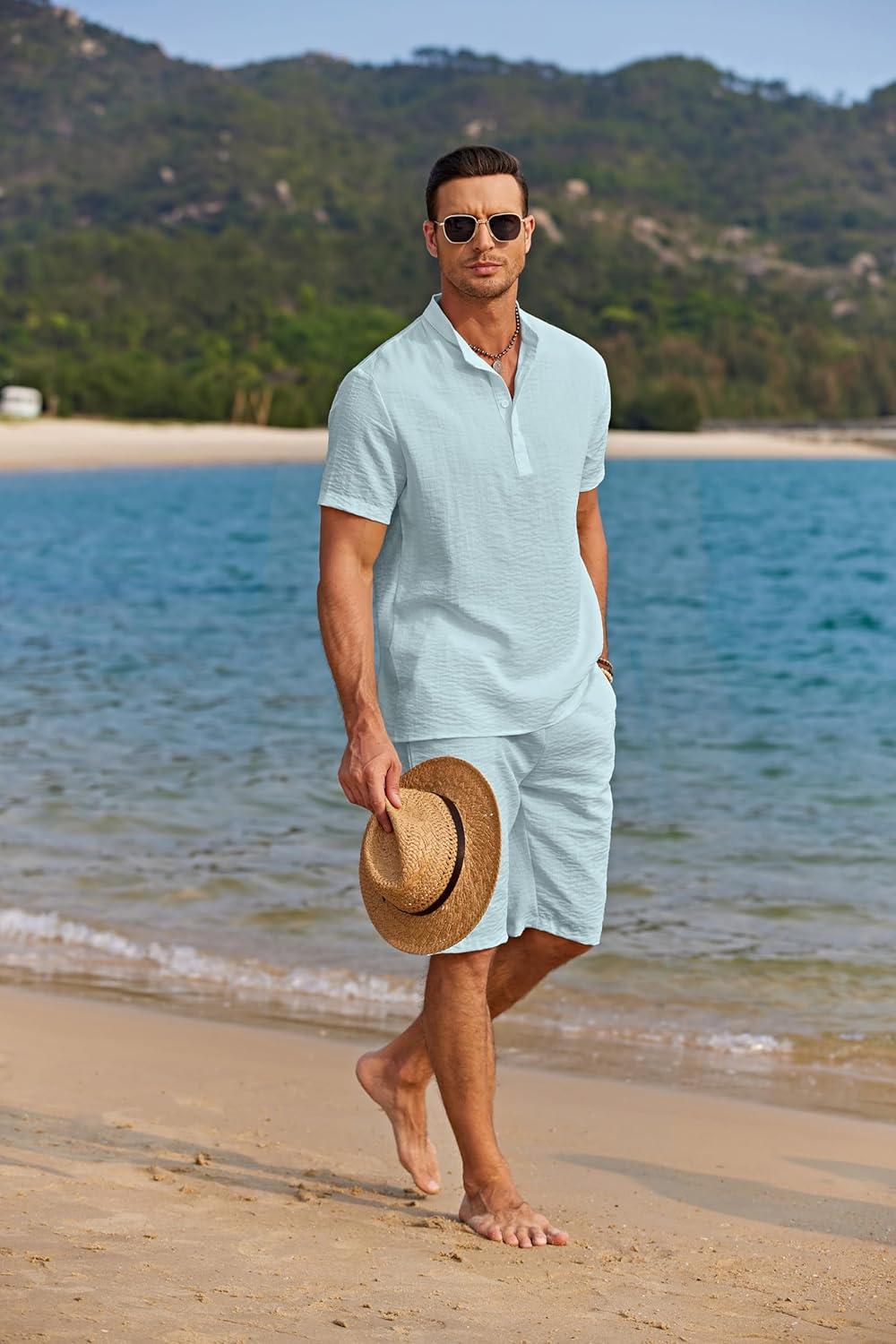 imageCOOFANDY Mens 2 Pieces Linen Set Casual Henley Shirts Short Sleeve Beach Yoga Shorts Summer Pants OutfitsLight Blue