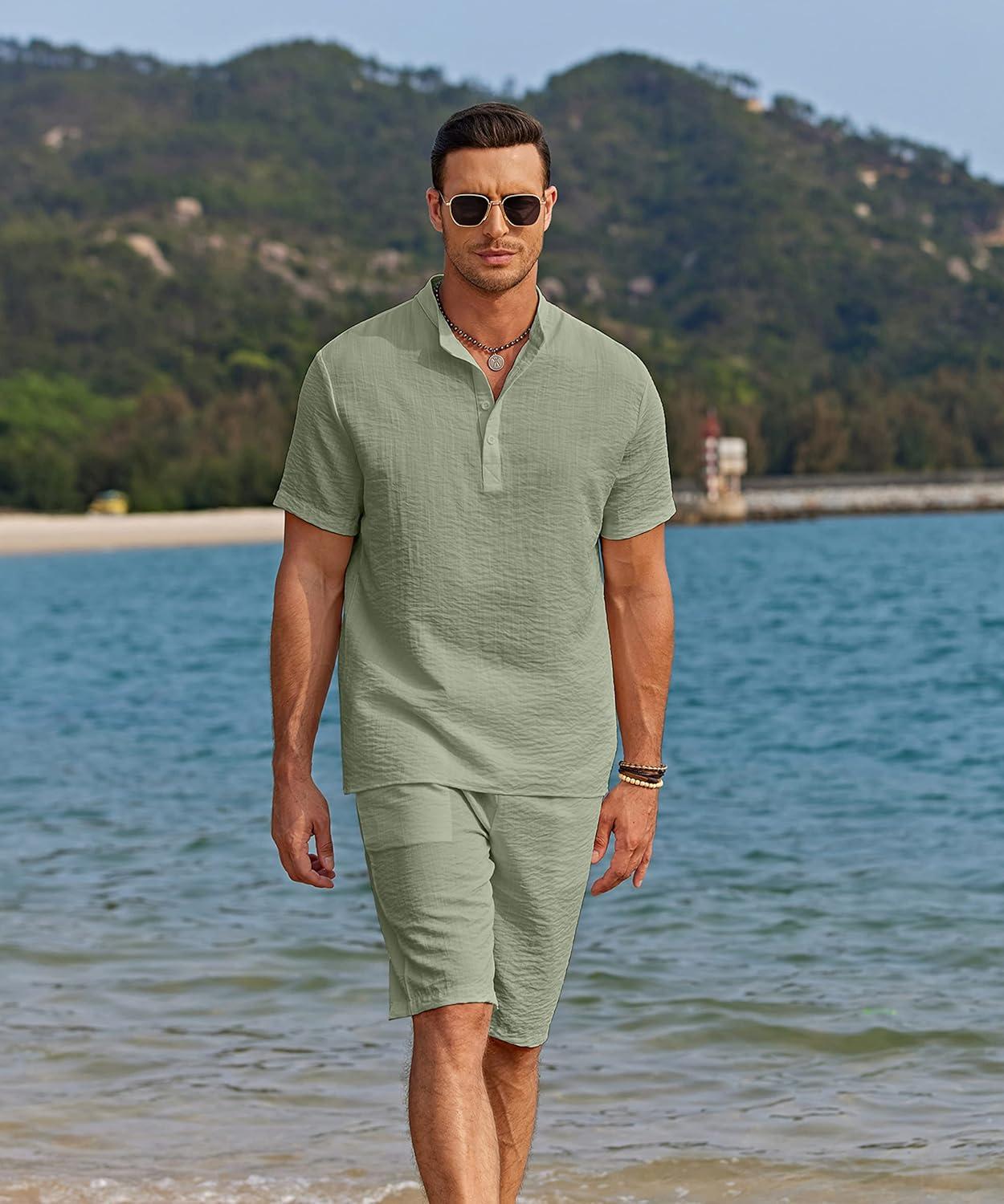 imageCOOFANDY Mens 2 Pieces Linen Set Casual Henley Shirts Short Sleeve Beach Yoga Shorts Summer Pants OutfitsLight Green
