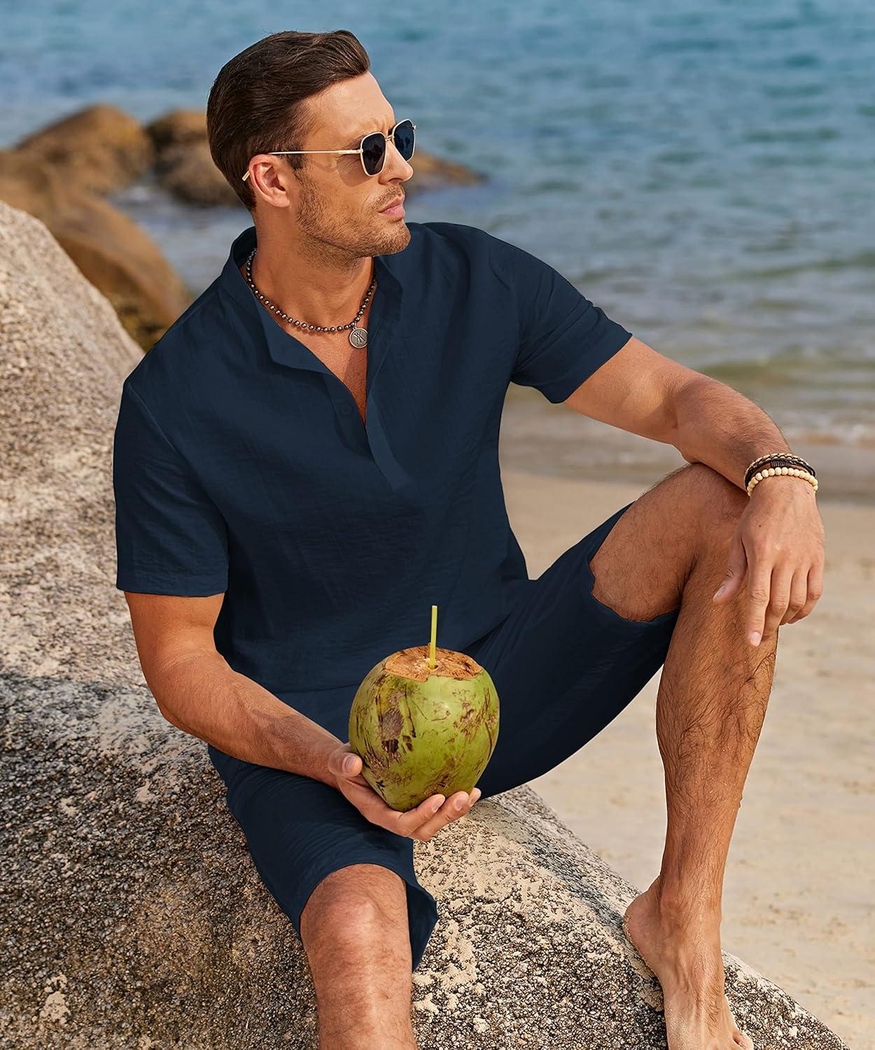 imageCOOFANDY Mens 2 Pieces Linen Set Casual Henley Shirts Short Sleeve Beach Yoga Shorts Summer Pants OutfitsNavy Blue