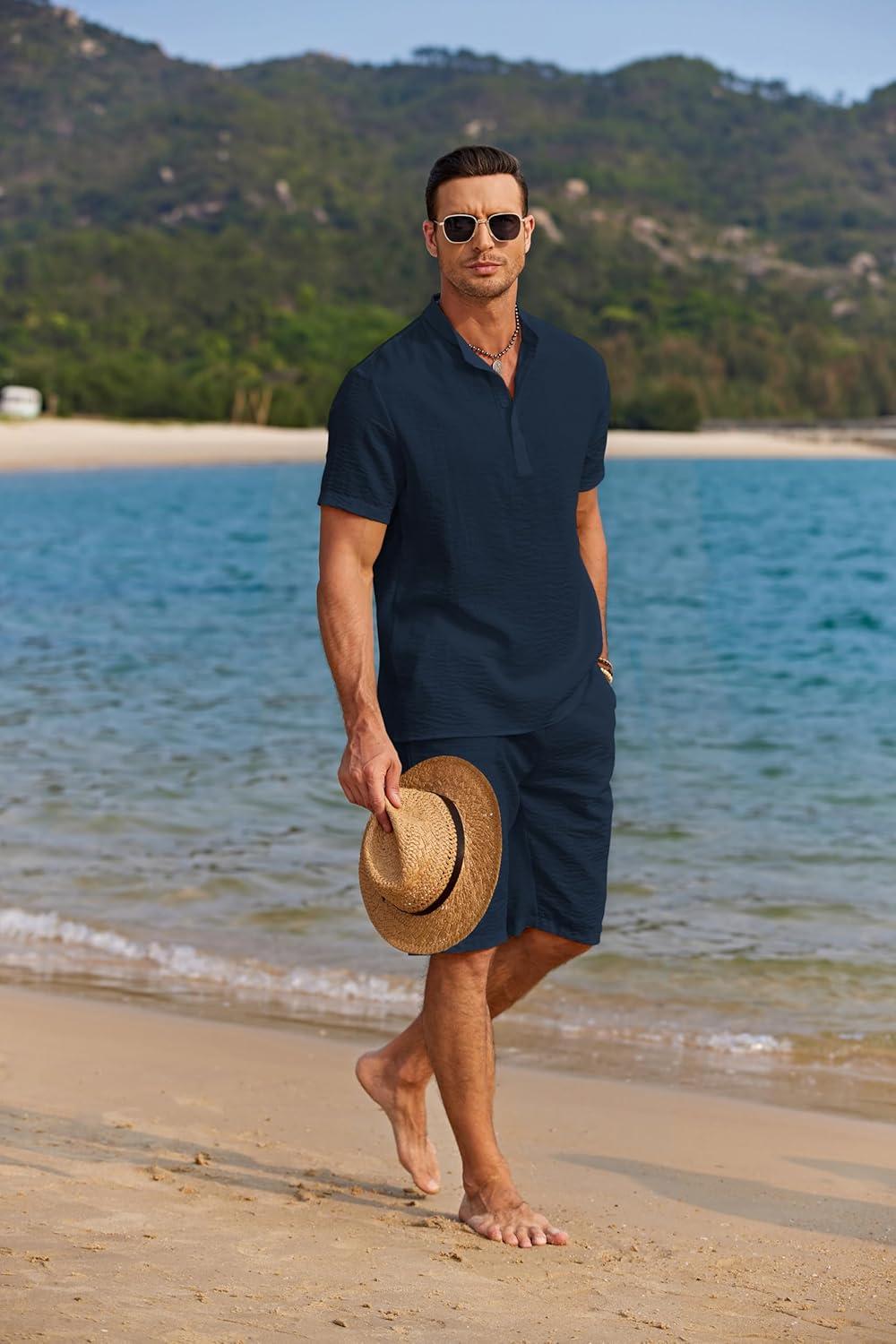 imageCOOFANDY Mens 2 Pieces Linen Set Casual Henley Shirts Short Sleeve Beach Yoga Shorts Summer Pants OutfitsNavy Blue