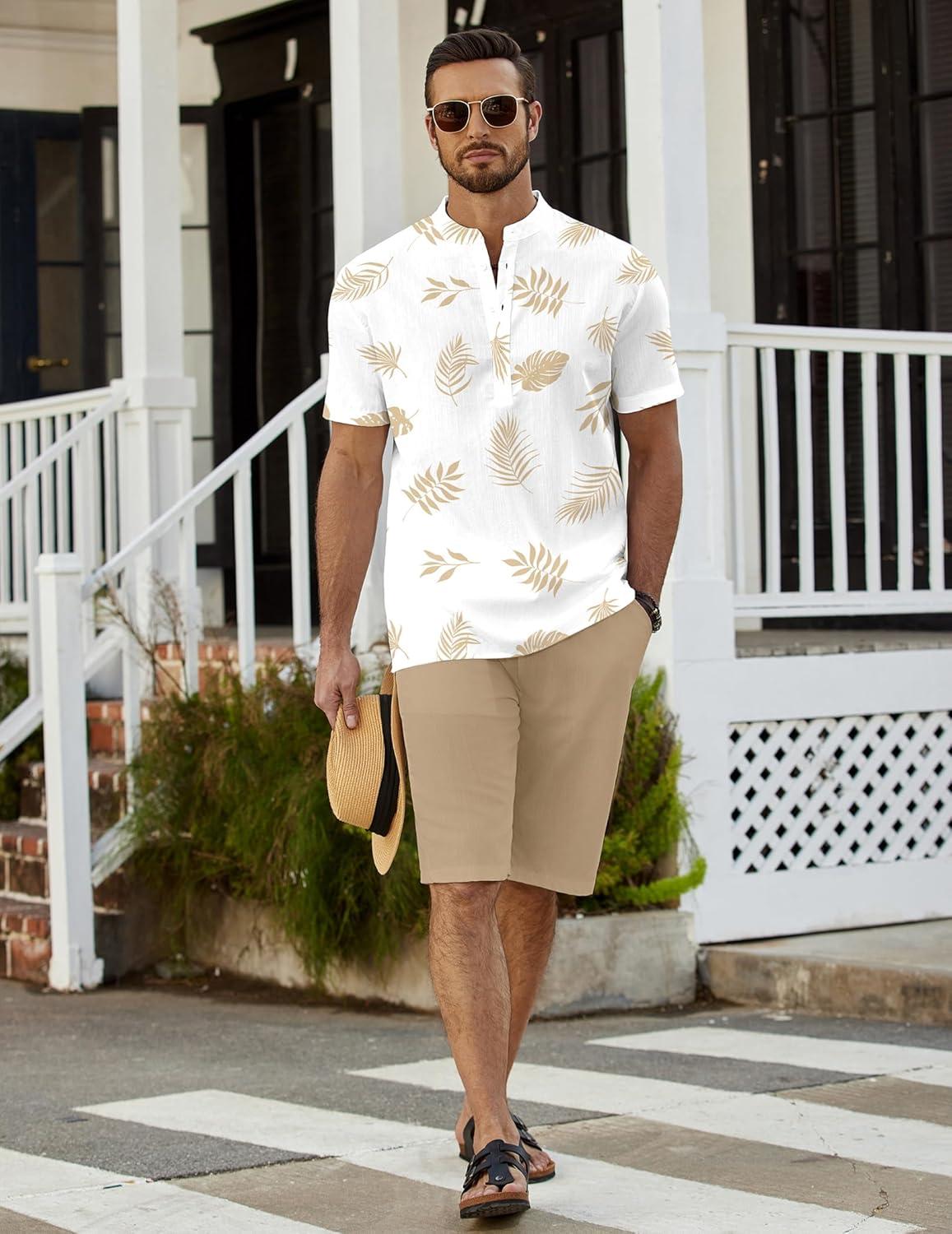 imageCOOFANDY Mens 2 Pieces Linen Set Casual Henley Shirts Short Sleeve Beach Yoga Shorts Summer Pants OutfitsPalm Pattern