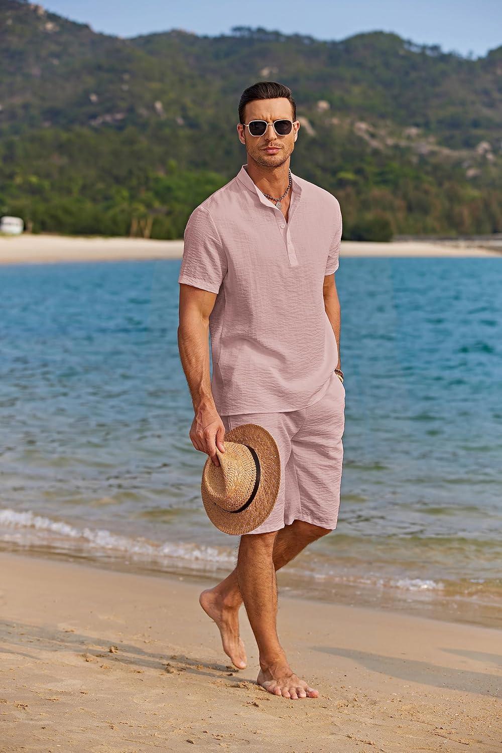 imageCOOFANDY Mens 2 Pieces Linen Set Casual Henley Shirts Short Sleeve Beach Yoga Shorts Summer Pants OutfitsPink