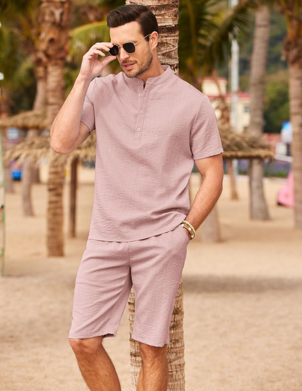 imageCOOFANDY Mens 2 Pieces Linen Set Casual Henley Shirts Short Sleeve Beach Yoga Shorts Summer Pants OutfitsPink