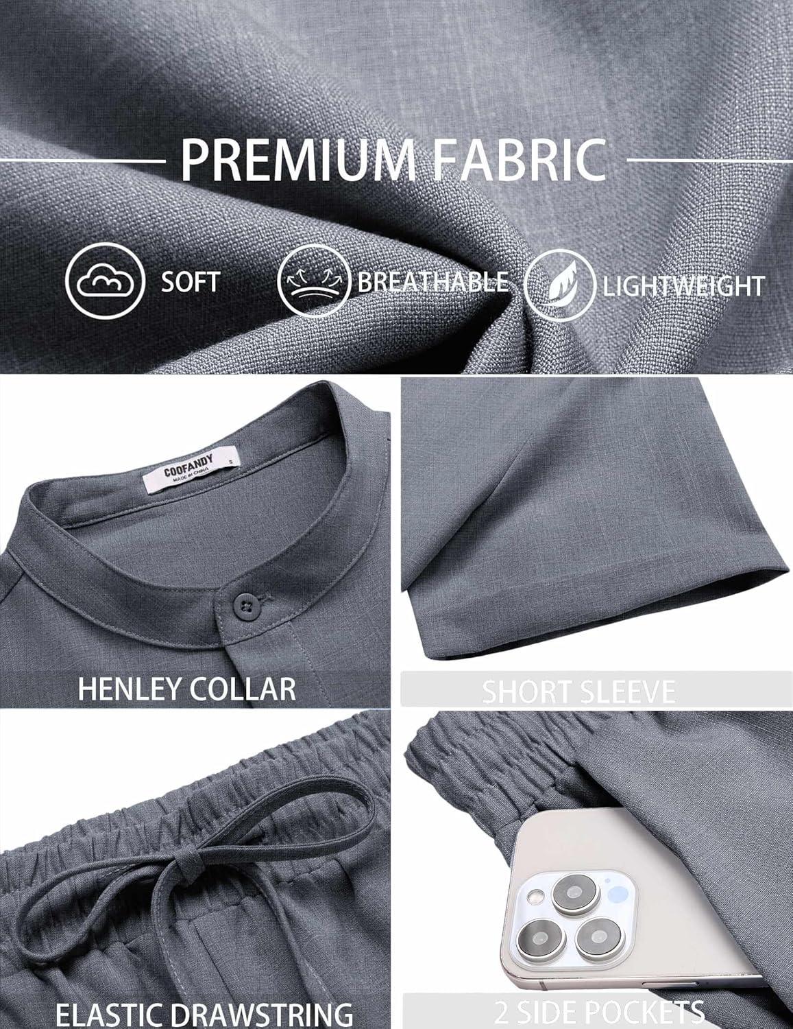 imageCOOFANDY Mens 2 Pieces Set Short Sleeve Henley Shirts and Shorts Pants Texture Summer Beach Vacation OutfitsFlecking Navy Blue