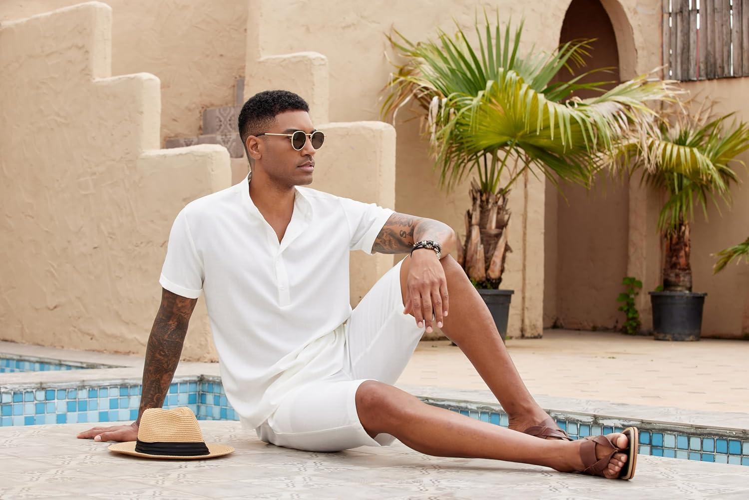 imageCOOFANDY Mens 2 Pieces Set Short Sleeve Henley Shirts and Shorts Pants Texture Summer Beach Vacation OutfitsWhite