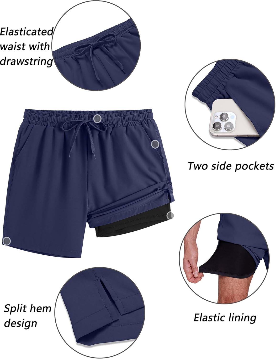 imageCOOFANDY Mens 2 in 1 Running Shorts 2 Pack Athletic Shorts Quick Dry Gym Training Workout Shorts with PocketsBlackNavy Blue