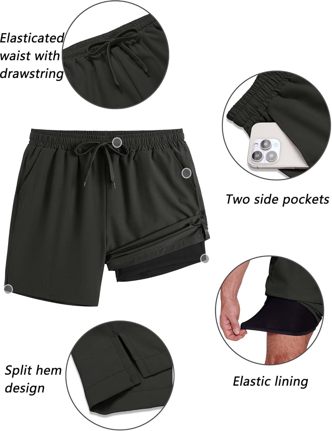 imageCOOFANDY Mens 2 in 1 Running Shorts 2 Pack Athletic Shorts Quick Dry Gym Training Workout Shorts with PocketsBlackWhite