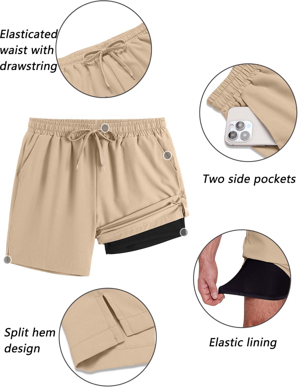 imageCOOFANDY Mens 2 in 1 Running Shorts 2 Pack Athletic Shorts Quick Dry Gym Training Workout Shorts with PocketsKhakiGrey