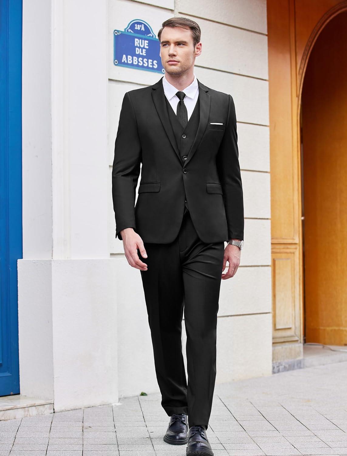 imageCOOFANDY Mens 3 Piece Wedding Suit Set One Button Slim Fit Jacket Blazer Vest Pants Set Groom Prom Tuxedo SuitsBlack