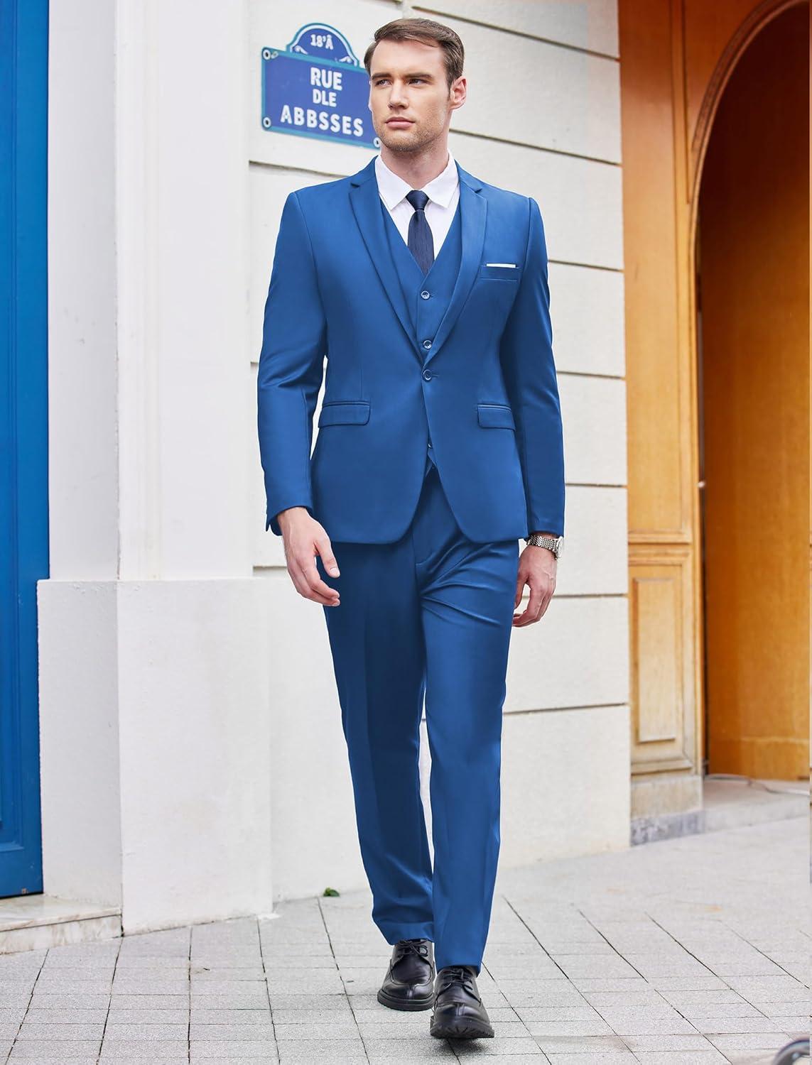 imageCOOFANDY Mens 3 Piece Wedding Suit Set One Button Slim Fit Jacket Blazer Vest Pants Set Groom Prom Tuxedo SuitsBlue