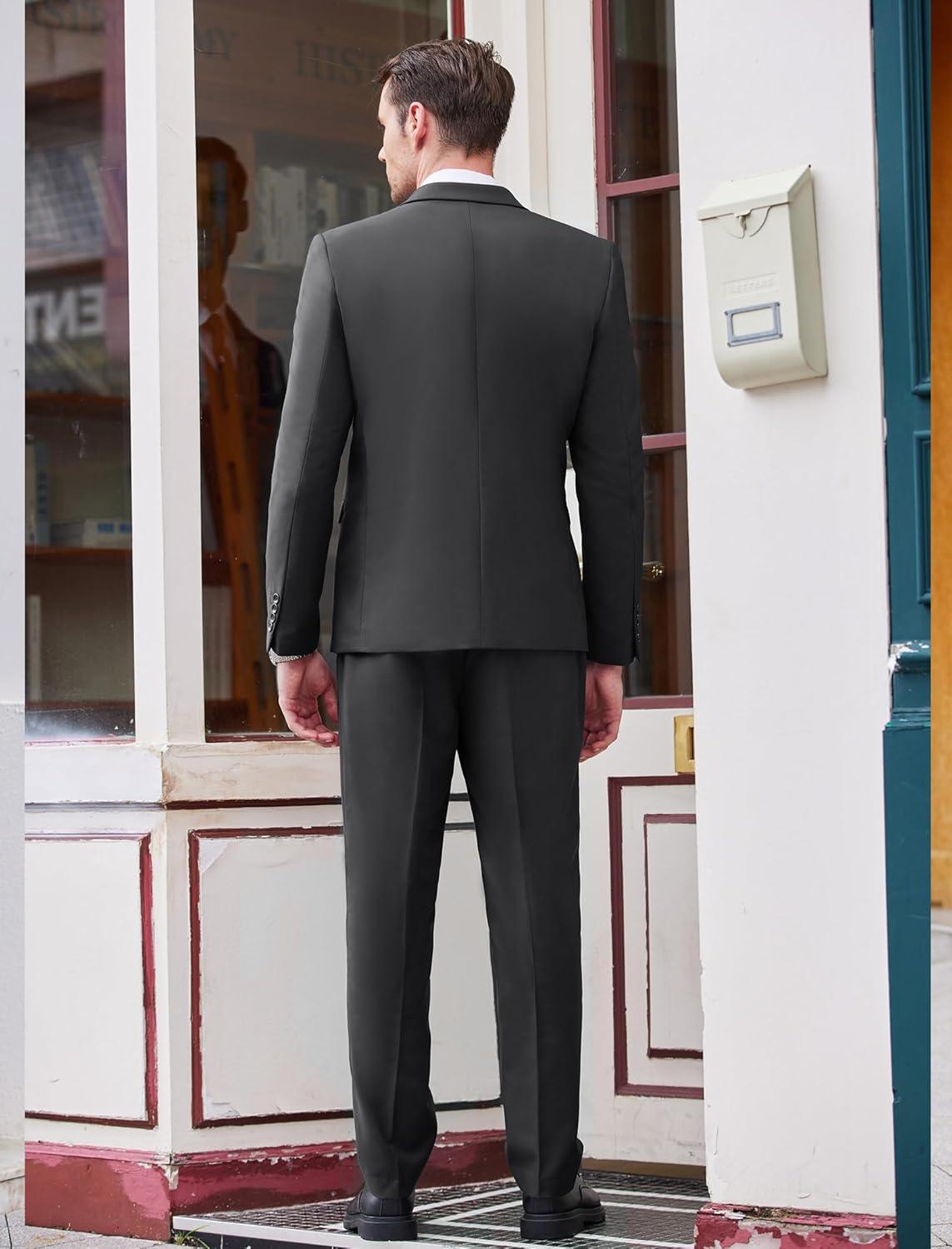 imageCOOFANDY Mens 3 Piece Wedding Suit Set One Button Slim Fit Jacket Blazer Vest Pants Set Groom Prom Tuxedo SuitsDark Grey