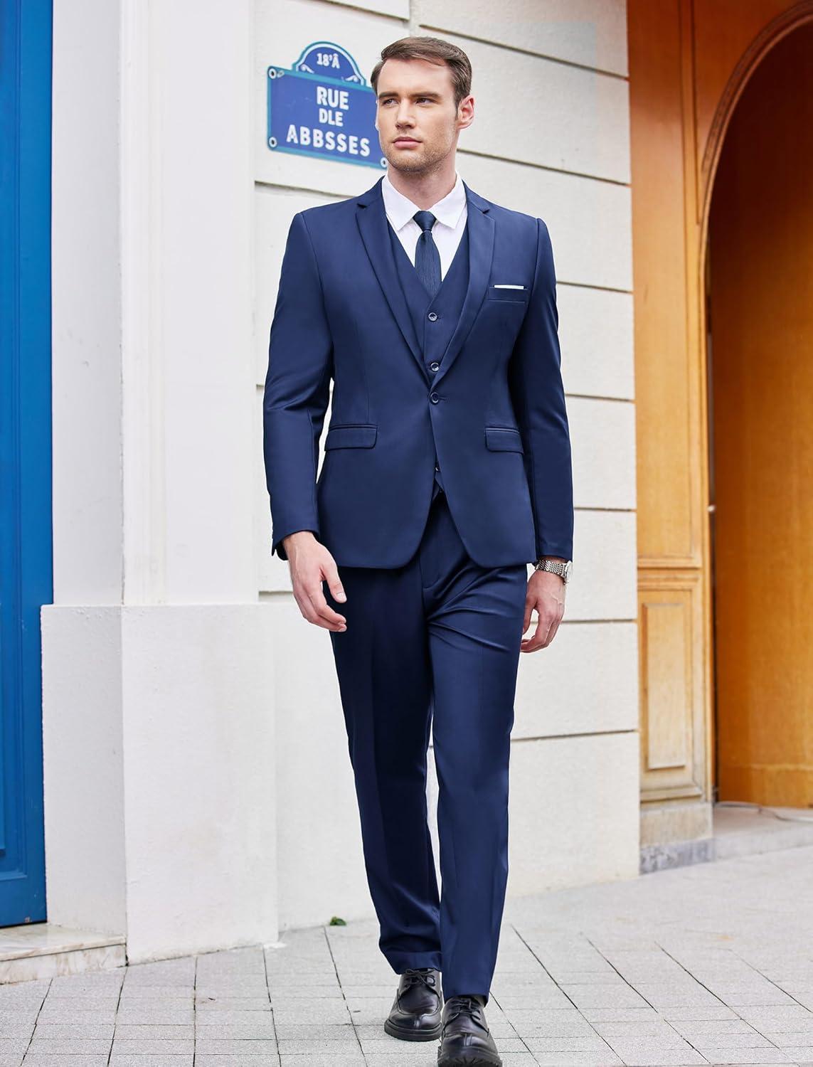 imageCOOFANDY Mens 3 Piece Wedding Suit Set One Button Slim Fit Jacket Blazer Vest Pants Set Groom Prom Tuxedo SuitsNavy Blue