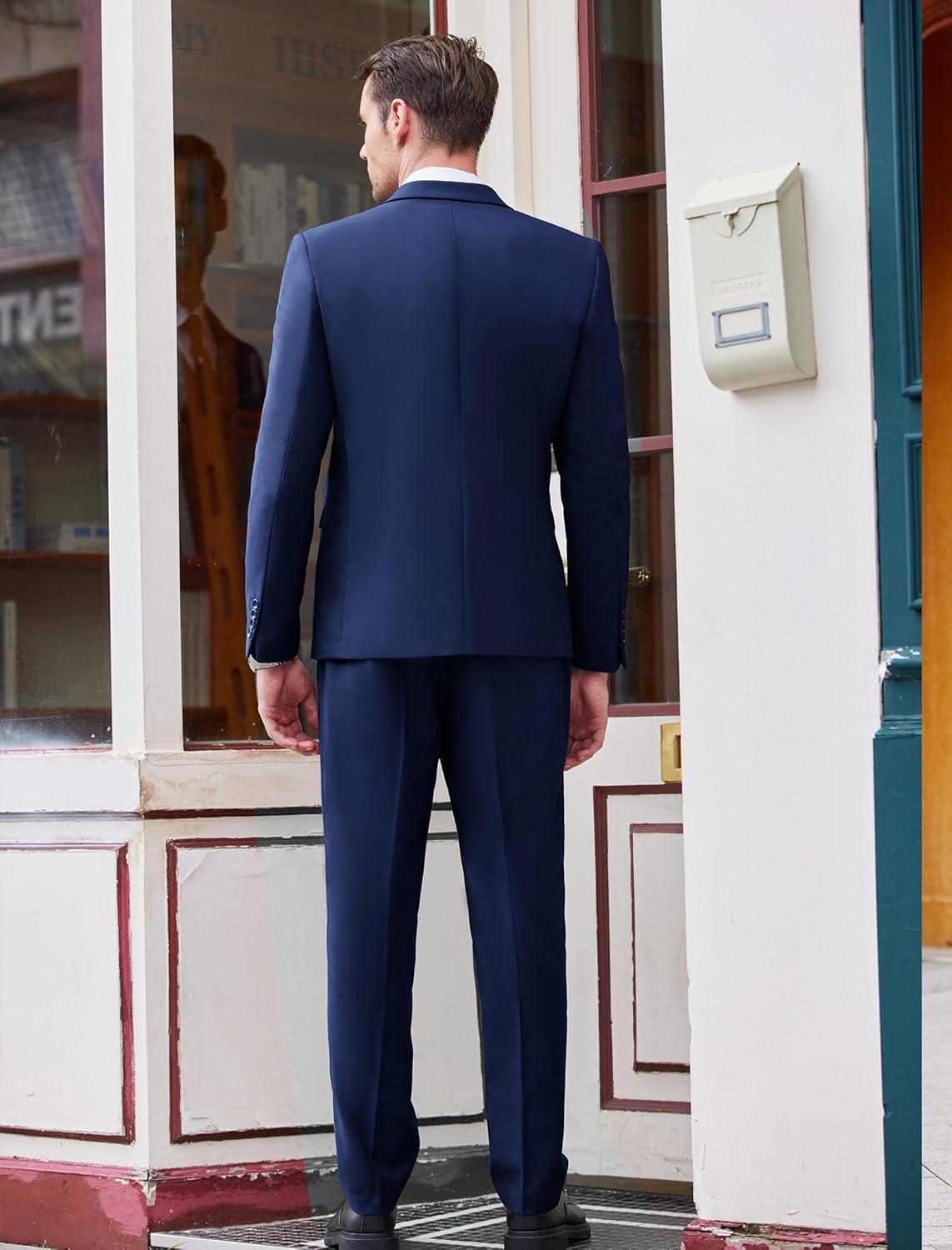 imageCOOFANDY Mens 3 Piece Wedding Suit Set One Button Slim Fit Jacket Blazer Vest Pants Set Groom Prom Tuxedo SuitsNavy Blue