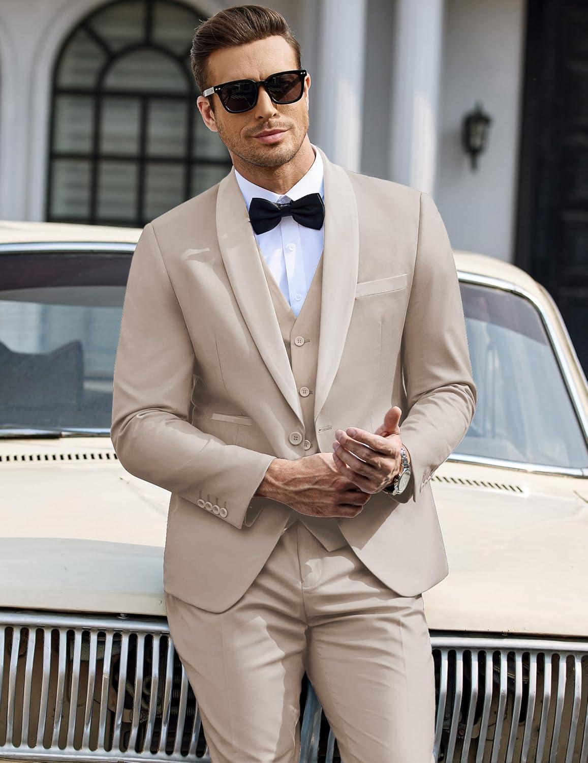 imageCOOFANDY Mens 3 Pieces Suit Slim Fit Tuxedo Set One Button Shawl Lapel Dinner Prom Jacket Vest Pants with TieBeige