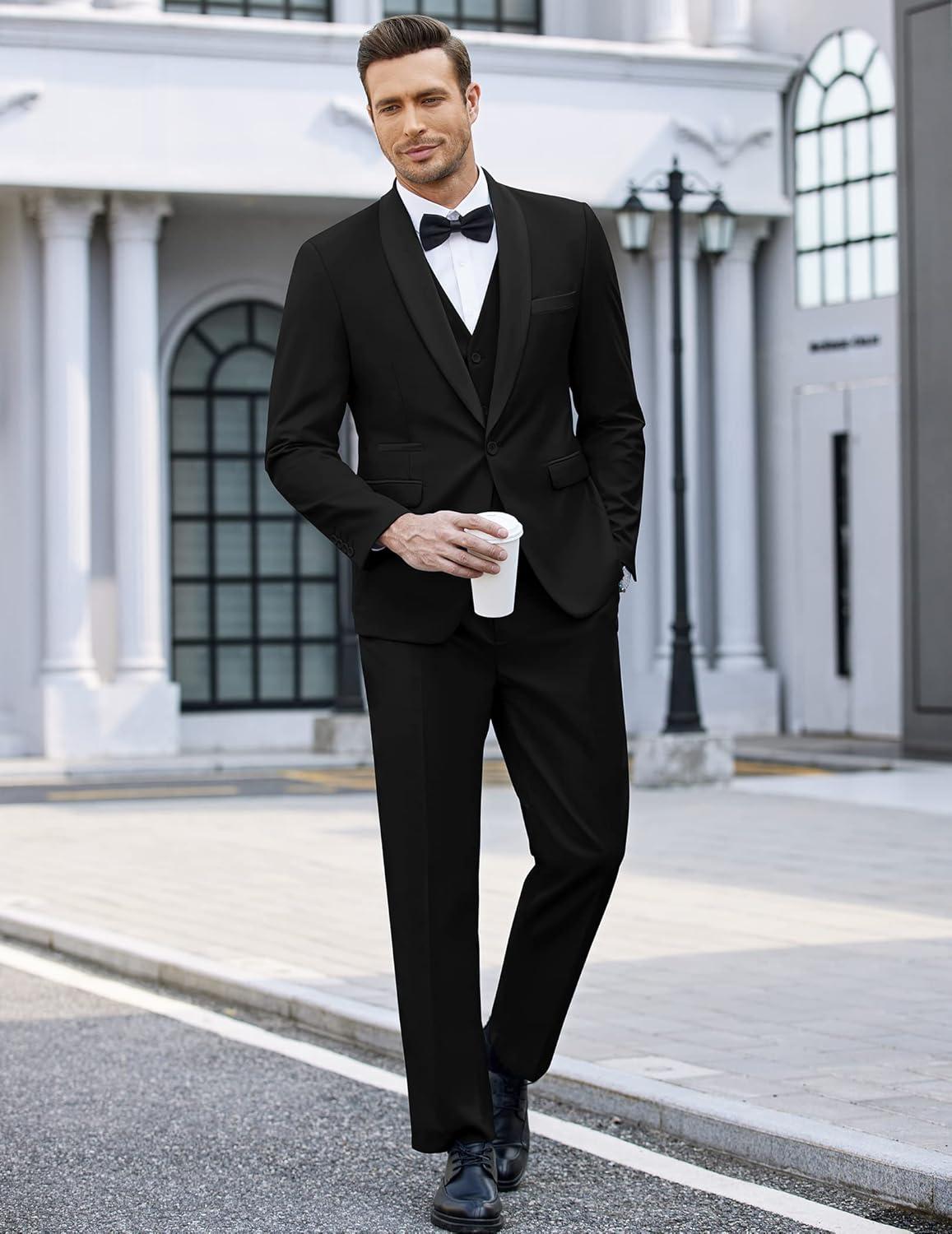 imageCOOFANDY Mens 3 Pieces Suit Slim Fit Tuxedo Set One Button Shawl Lapel Dinner Prom Jacket Vest Pants with TieBlack