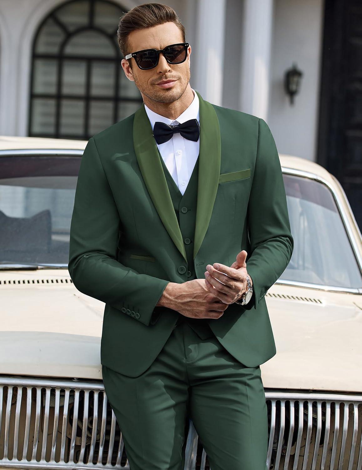 imageCOOFANDY Mens 3 Pieces Suit Slim Fit Tuxedo Set One Button Shawl Lapel Dinner Prom Jacket Vest Pants with TieGreen