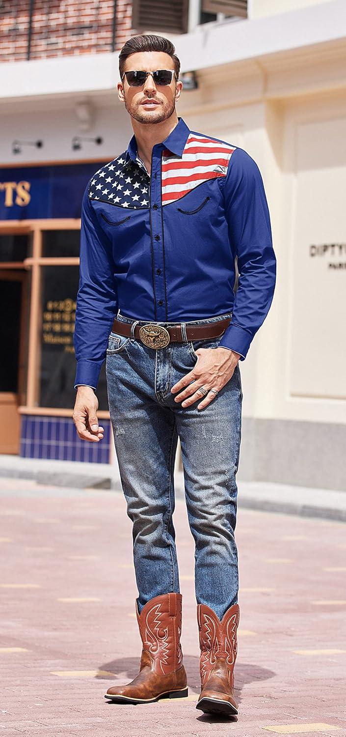 imageCOOFANDY Mens American Flag Button Down Shirt Western Cowboy Casual Long Sleeve Patriotic ShirtsBlue