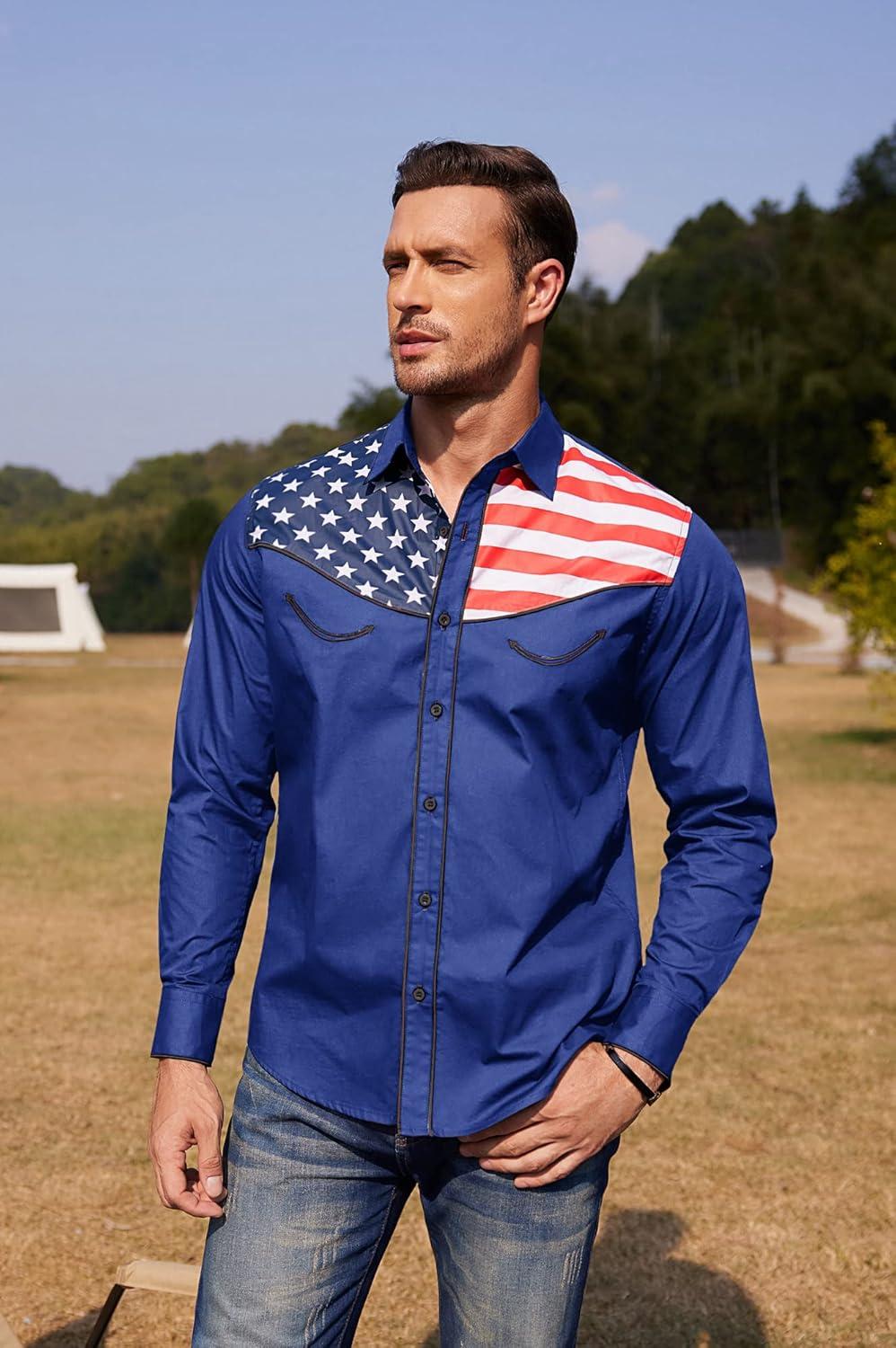 imageCOOFANDY Mens American Flag Button Down Shirt Western Cowboy Casual Long Sleeve Patriotic ShirtsBlue