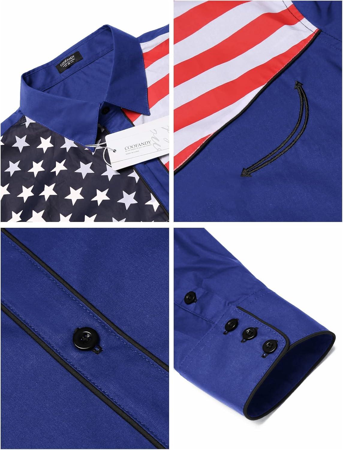 imageCOOFANDY Mens American Flag Button Down Shirt Western Cowboy Casual Long Sleeve Patriotic ShirtsBlue