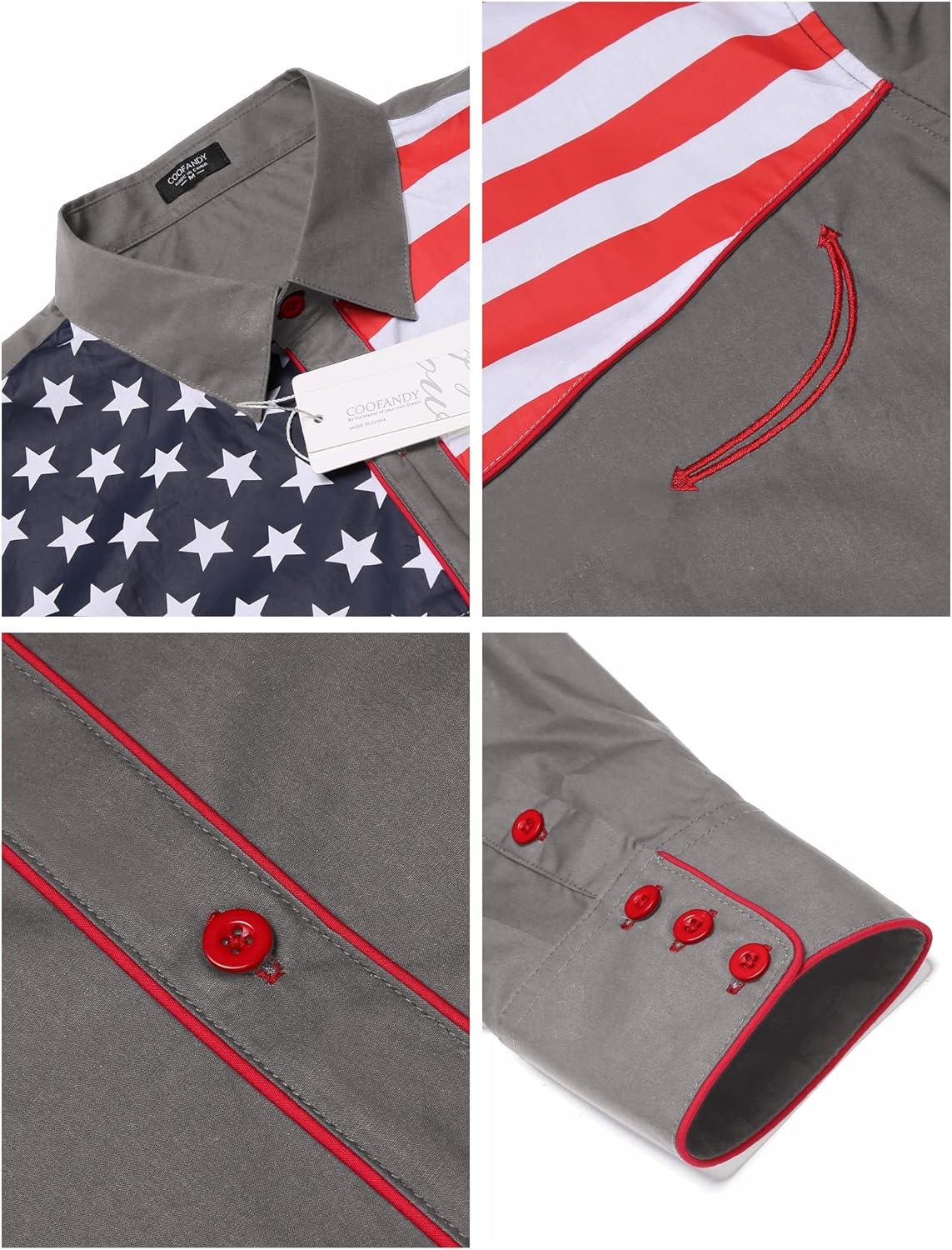 imageCOOFANDY Mens American Flag Button Down Shirt Western Cowboy Casual Long Sleeve Patriotic ShirtsGrey