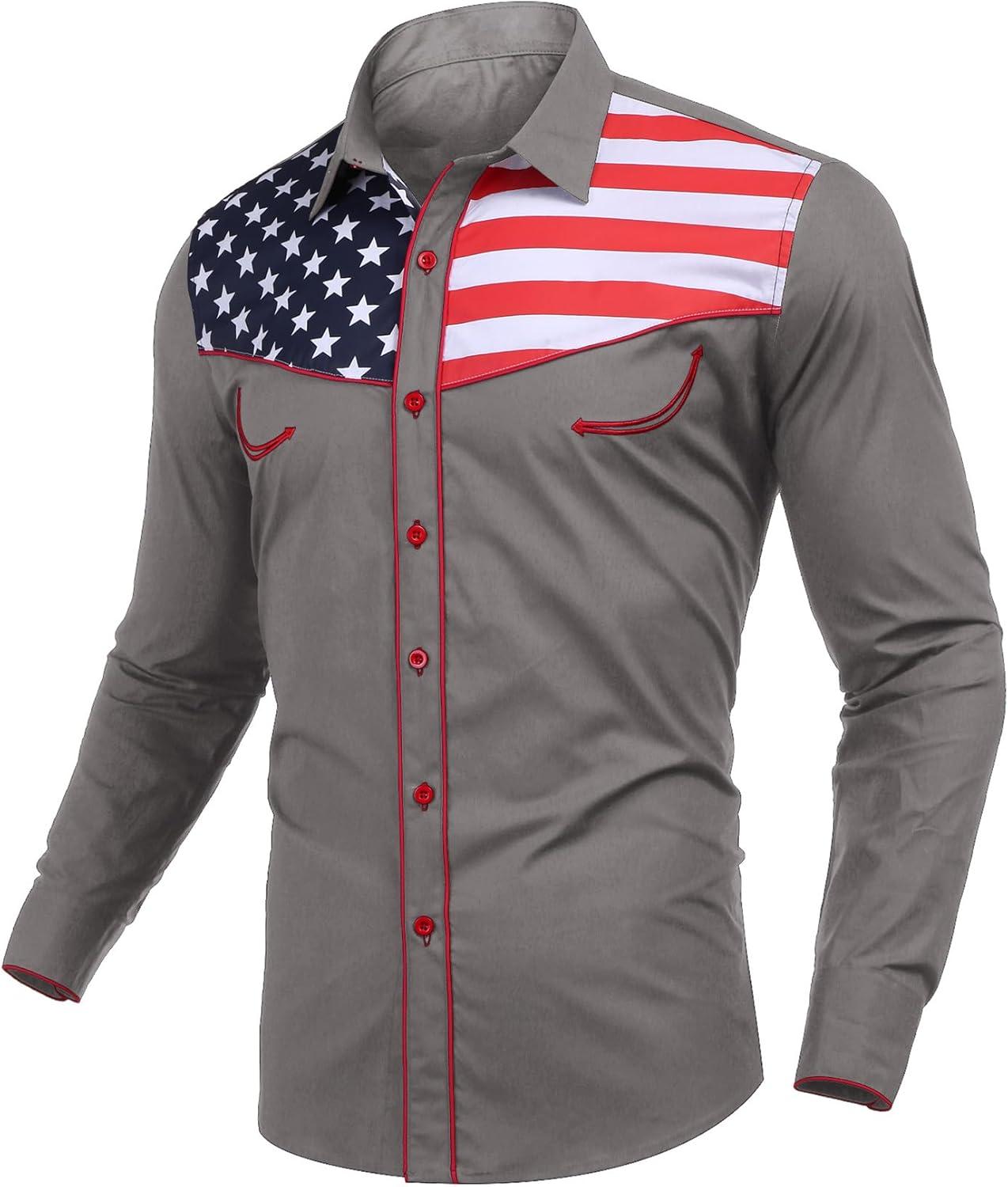 imageCOOFANDY Mens American Flag Button Down Shirt Western Cowboy Casual Long Sleeve Patriotic ShirtsGrey